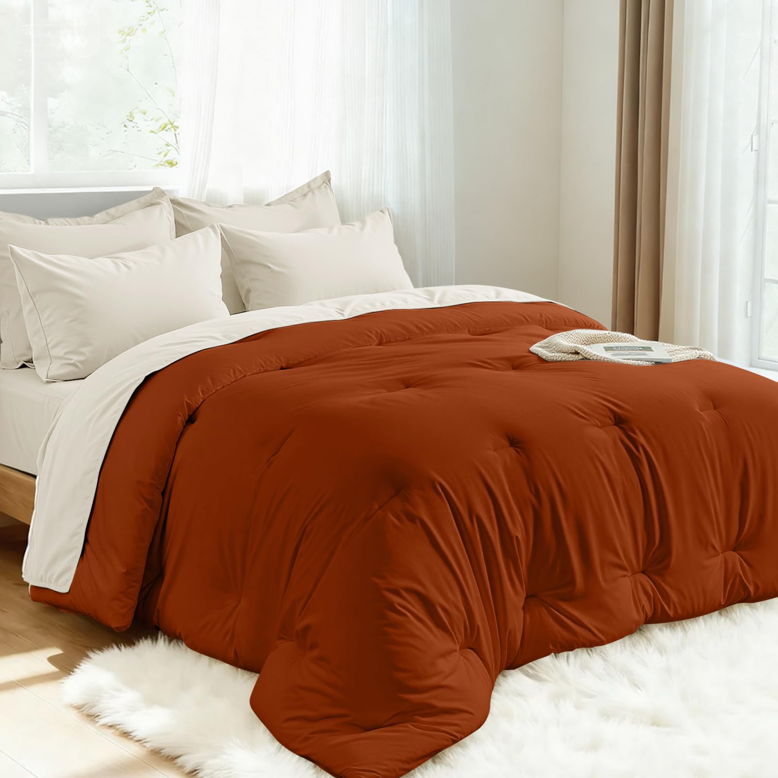 Comforters California King Size, All Season Quilted Bed Comforter, Ultra-Soft Down Alternative Duvet Insert with 4 Tabs, Lightweight Bedding Blanket - Machine Washable, Burnt Orange