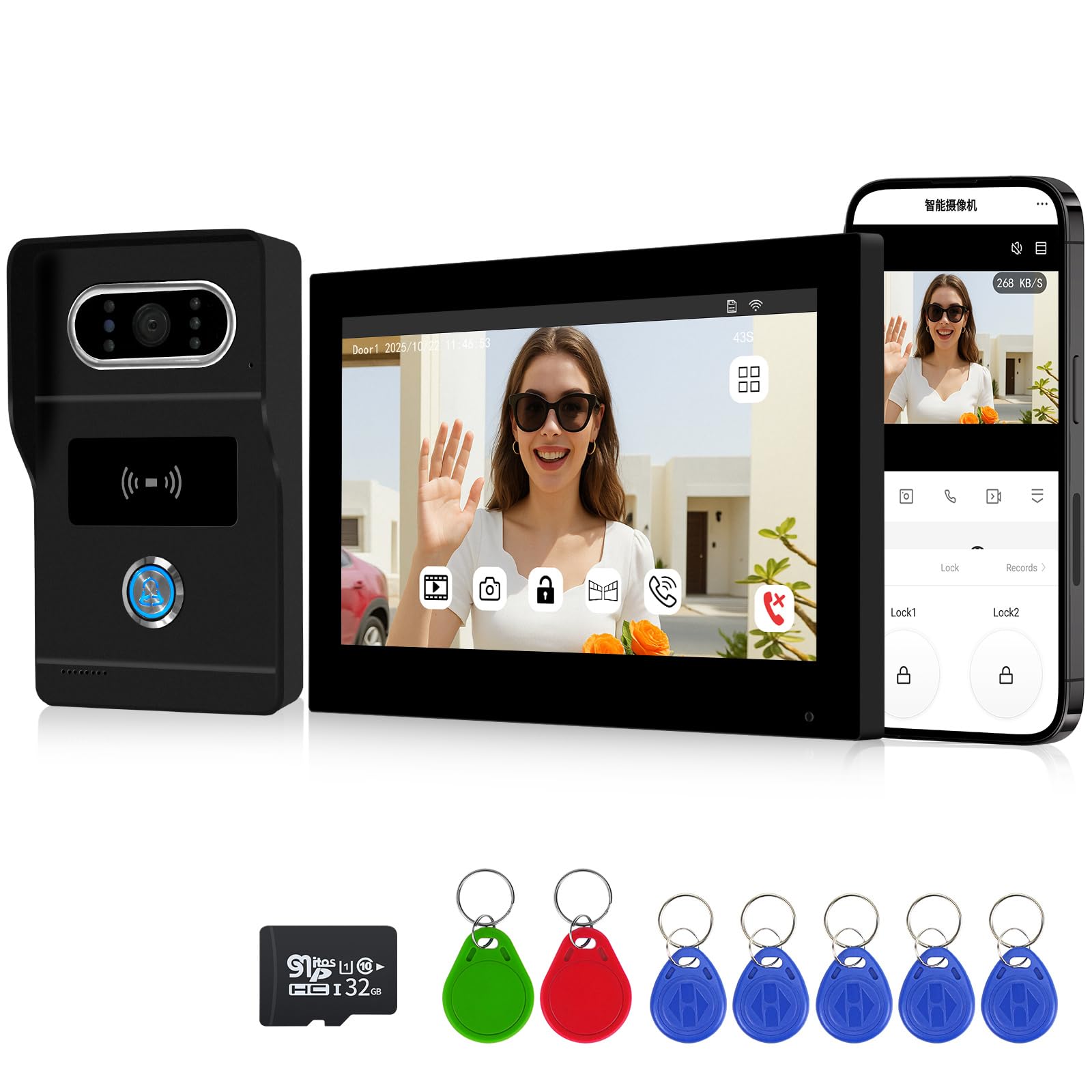 2 Cables WiFi y 1080P Sistema de Intercomunicación con Videoportero Inteligente Tuya,Desbloqueo RFID &Tuya,Visión Vocturna por Infrarrojos (Negro)