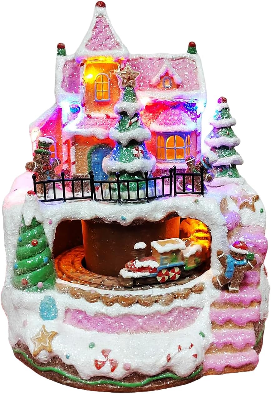 MOMENTS IN TIME 9”H LED Musical Gingerbread Train Station Animated Train Christmas Village Light Up Polyresin Holiday Decoration Battery or Adapter Operated Gift Ready