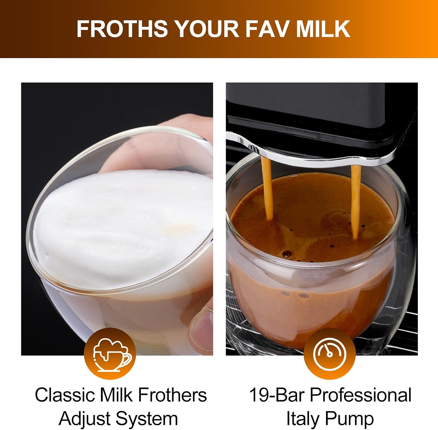 Close-up of milk frothing and espresso extraction into a glass