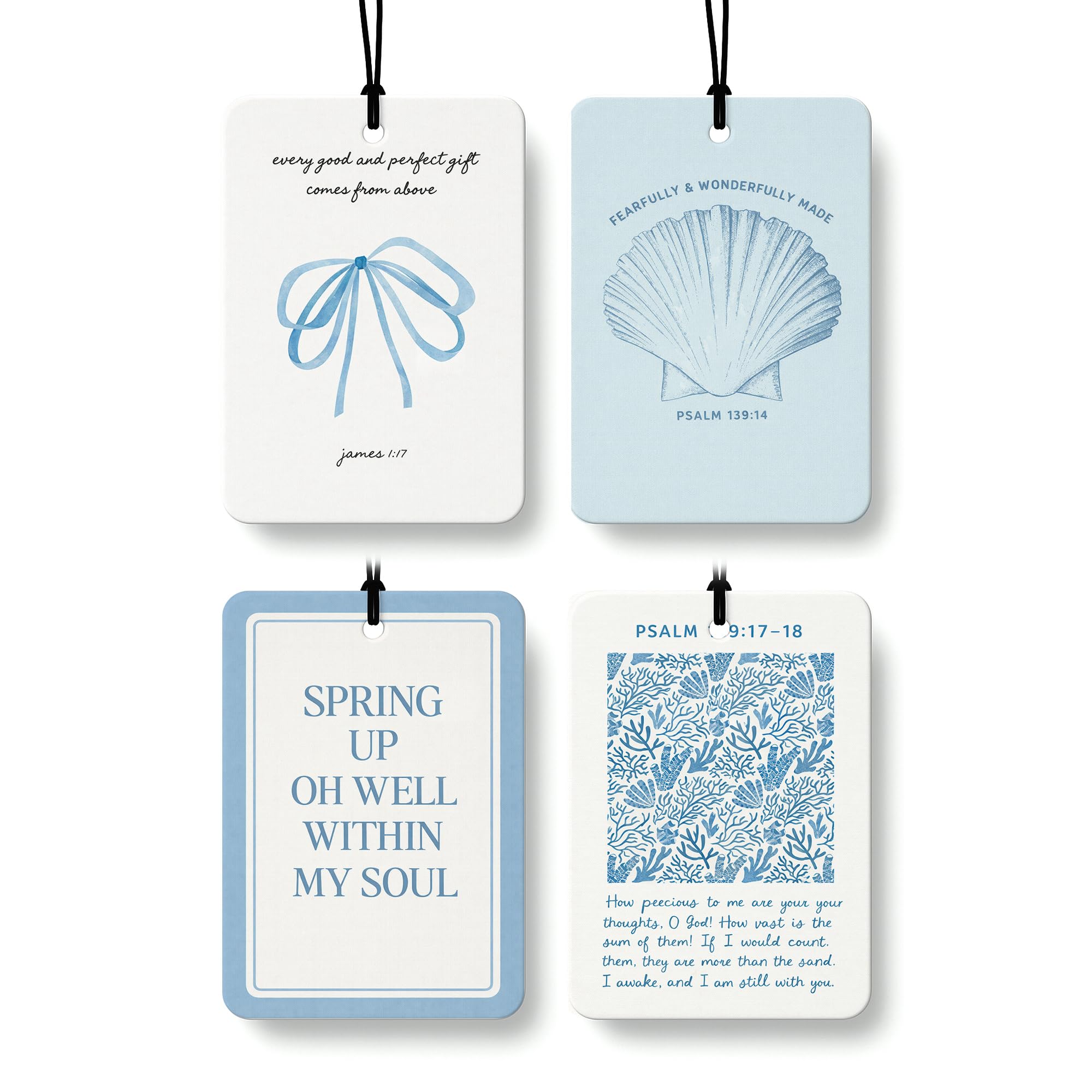 FISWAFY Blue Coastal Beach Christian Air Freshener 4 Pcs, Preppy Seashell Seagrass Religious Hanging Air Freshener for Cars Closet Drawer Books, Christian Beachy Car Accessories Mirror Decor for Women