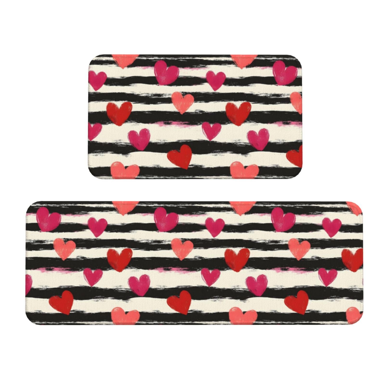 GVYGVY Antifatigue Kitchen Mats for Floor 2 Piece - Black White Striped Love Print Kitchen Rugs Washable, Non Slip Runner Rug Standing Mat for Office/Bathroom/Laundry/Home Decor and Accessories