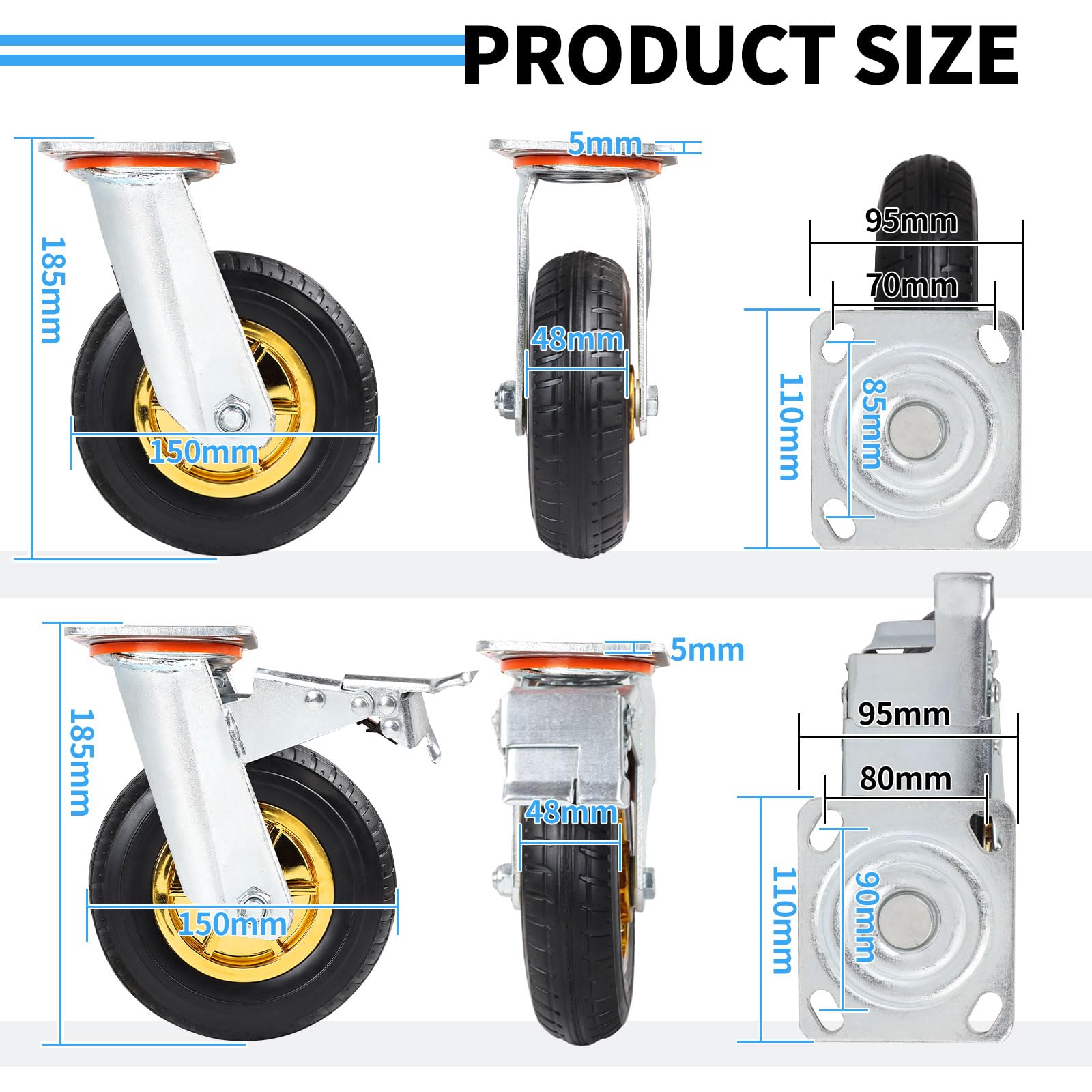 SWAWIS 4 Stück 150mm Schwerlastrollen bis 240 KG pro Rollen Schwerlast Transportrollen Stoßdämpfung mit für Möbeltransporte und Industrietransporte(2 Lenkrollen + 2 Bremsrollen)