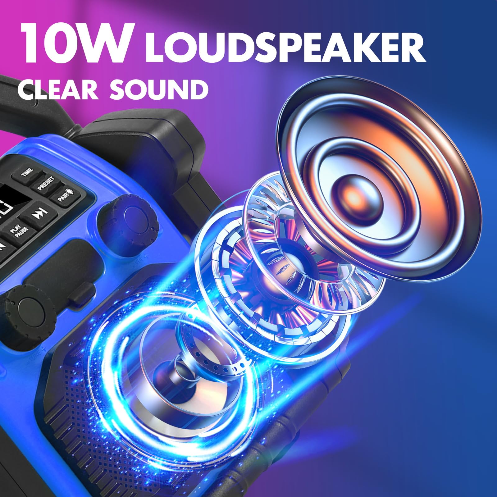 Baustelleradio Outdoor Lautsprecher Bluetooth Wireless, 30W IPX 66 wasserdicht FM-Uhr-Radio, tragbar mit LED-Lichtern, Kollisionsschutzradios für Outdoor/Arbeit/Garage (P250)