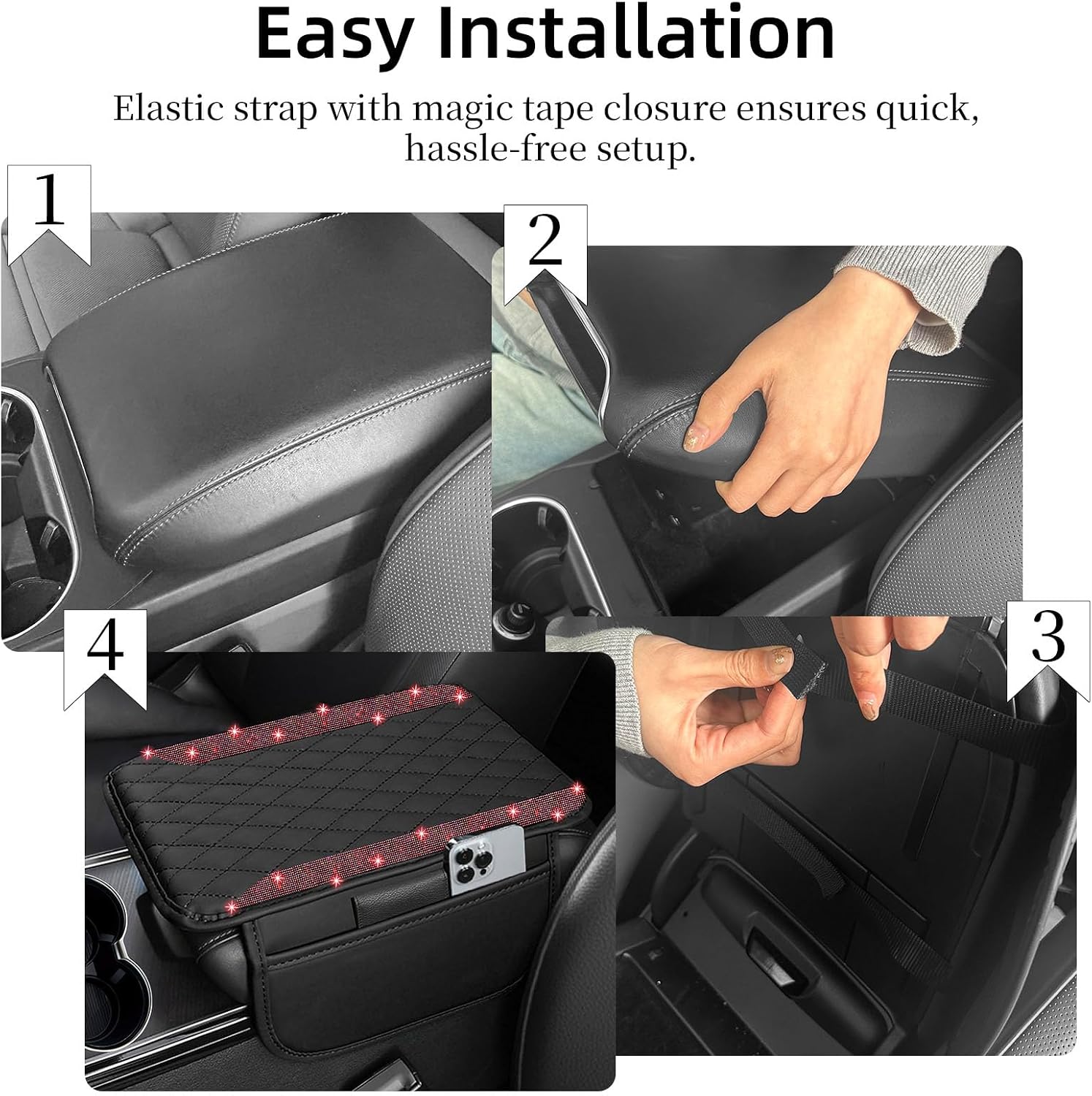 NBTEPEM Bling Car Center Console Armrest Cover, Microfiber Leather and Diamond Middle Console Cover with 2 Storage Bags, Bling Accessories Interior for Most Vehicles (Red Diamond)
