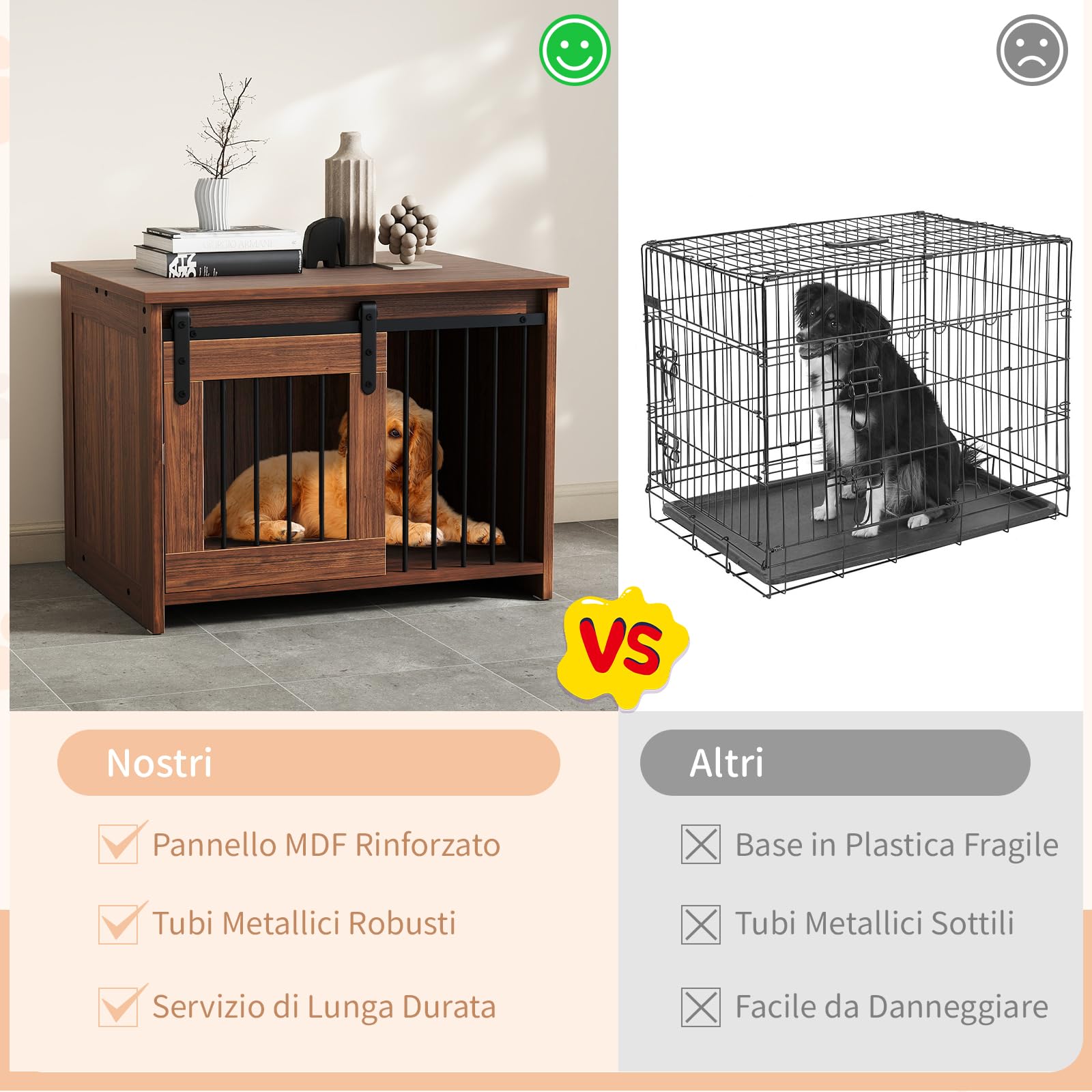 COSTWAY Cuccia per Cani da Esterno ed Interno, Gabbia in Legno con Ampio Piano Superiore, Porta Scorrevole, Tubi in Metallo Resistenti alla Masticazione, Casetta per Cani Piccoli e Medie (Marrone)