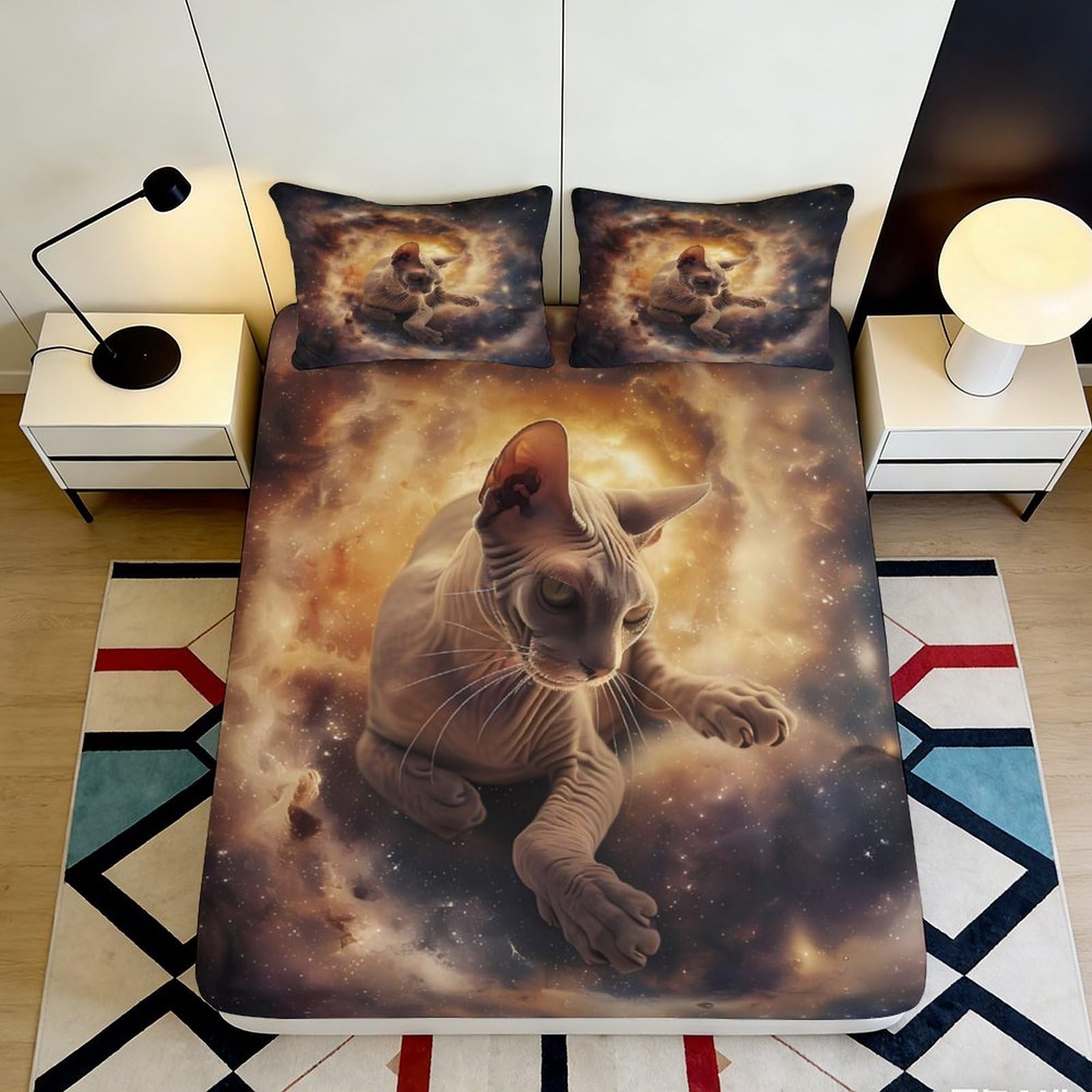 3D Printed Sphynx Cat Galaxy Fitted Sheet Microfiber Soft Mattress Cover for Bedroom Dorm Decor Protection 90x200x25cm