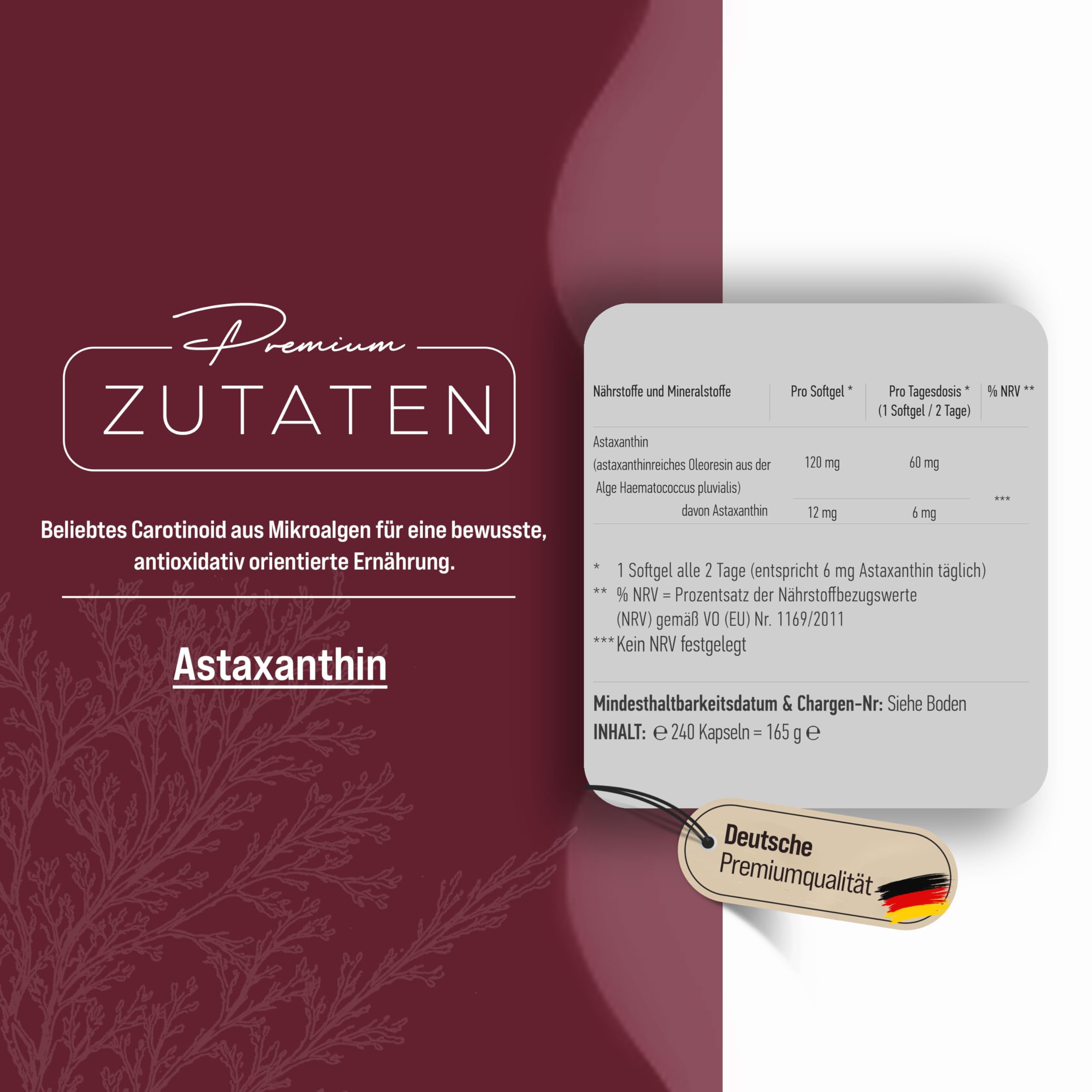 Astaxanthin Hochdosiert 12mg pro Softgel Kapseln, 16 Monate Vorrat, Premium Astaxanthin aus der Blutregenalge (Haematococcus pluvialis) - 240 Kapseln