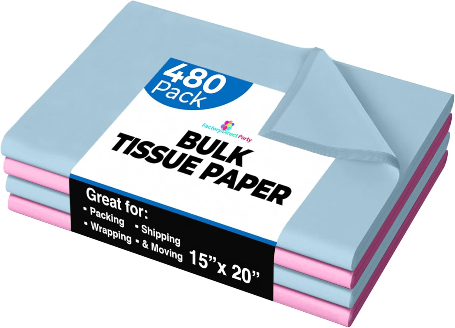 Party Solids Pink & Blue Tissue Paper for Gift Bags - 15" X 20" Bulk Tissue Paper Pink & Blue 480 Sheets - 10lb Newsprint for Packing, Birthday Gift Box Filler, Packing Supplies for Moving Supplies