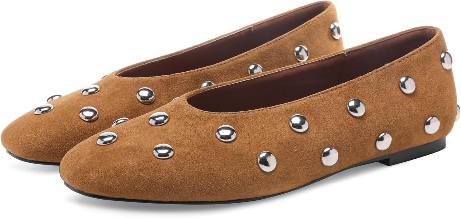Studded Flats for Women Suqare Toe Slip on Suede Ballet Flats Comfortable Walking Studs Ballet Shoes - Image 5