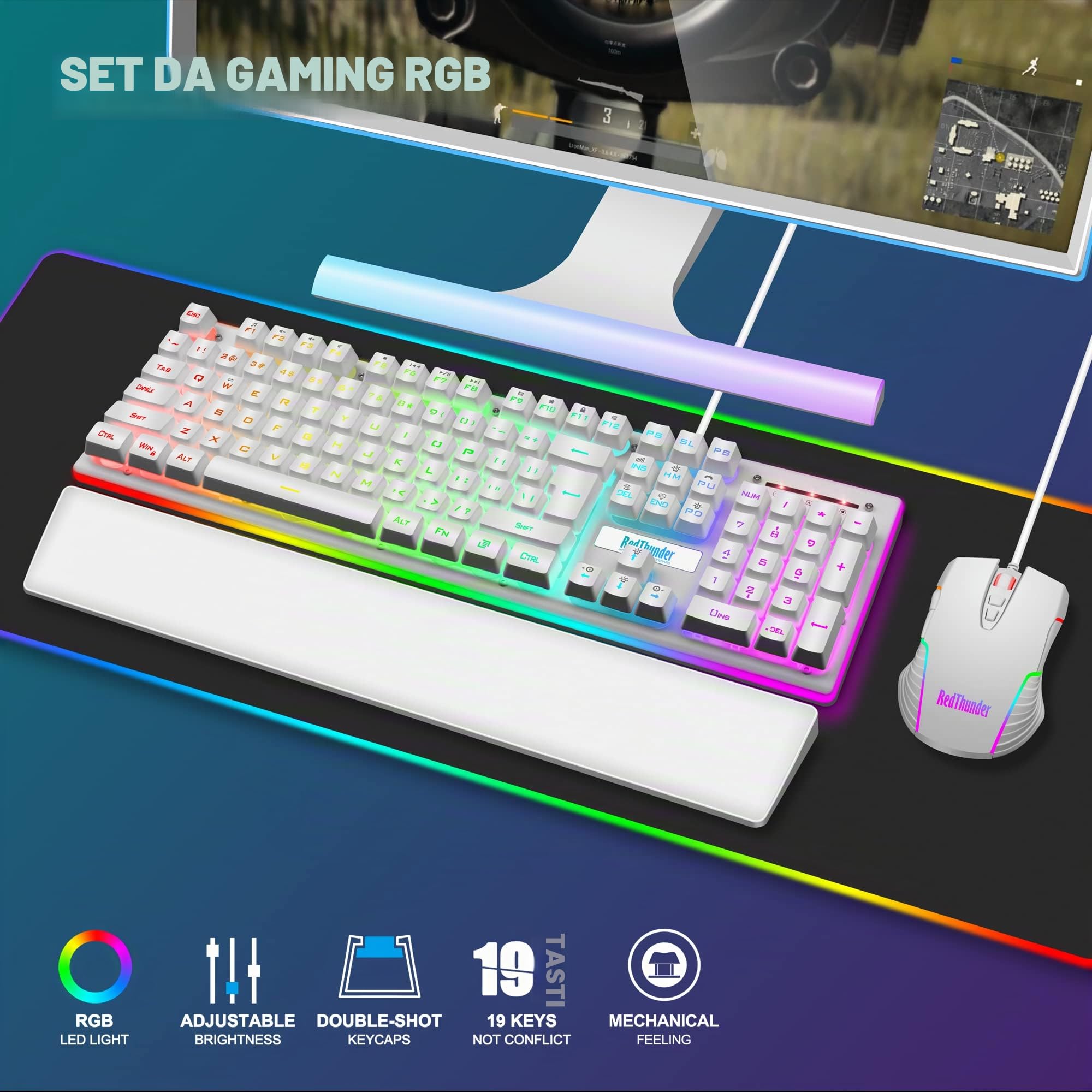 RedThunder Tastiera e mouse da gioco K10 cablati, layout UK, retroilluminazione RGB vera, tastiera ergonomica anti-ghosting al tatto + mouse 7D 3200 DPI per PC, Mac (bianco)