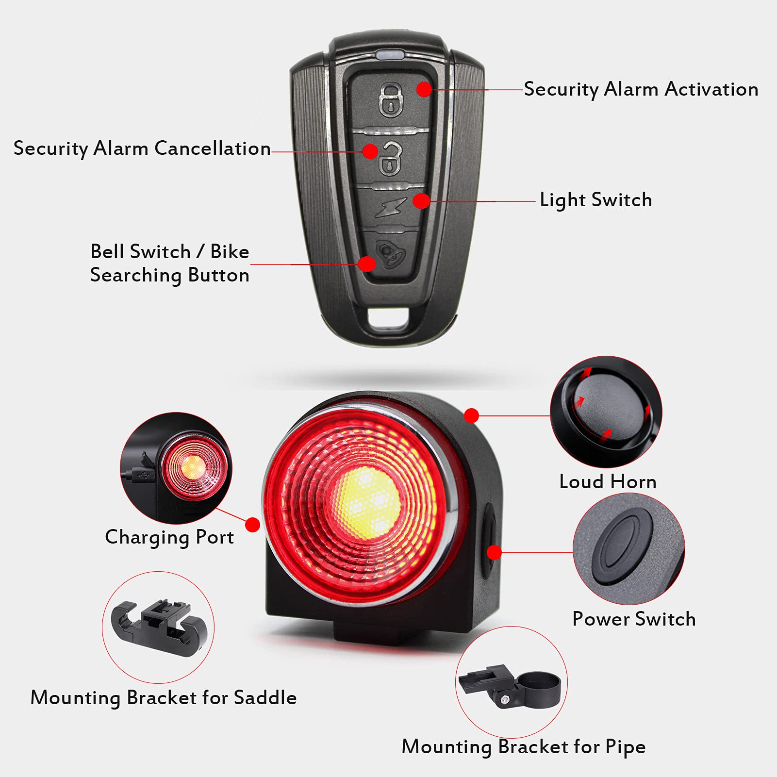 Luce Posteriore per Allarme Bici senza Fili Antifurto con Telecomando 108db 3 Modalità Campanello+4 Modalità di Illuminazione Fanale Posteriore Della Bicicletta IPX5 Impermeabile per Ciclismo