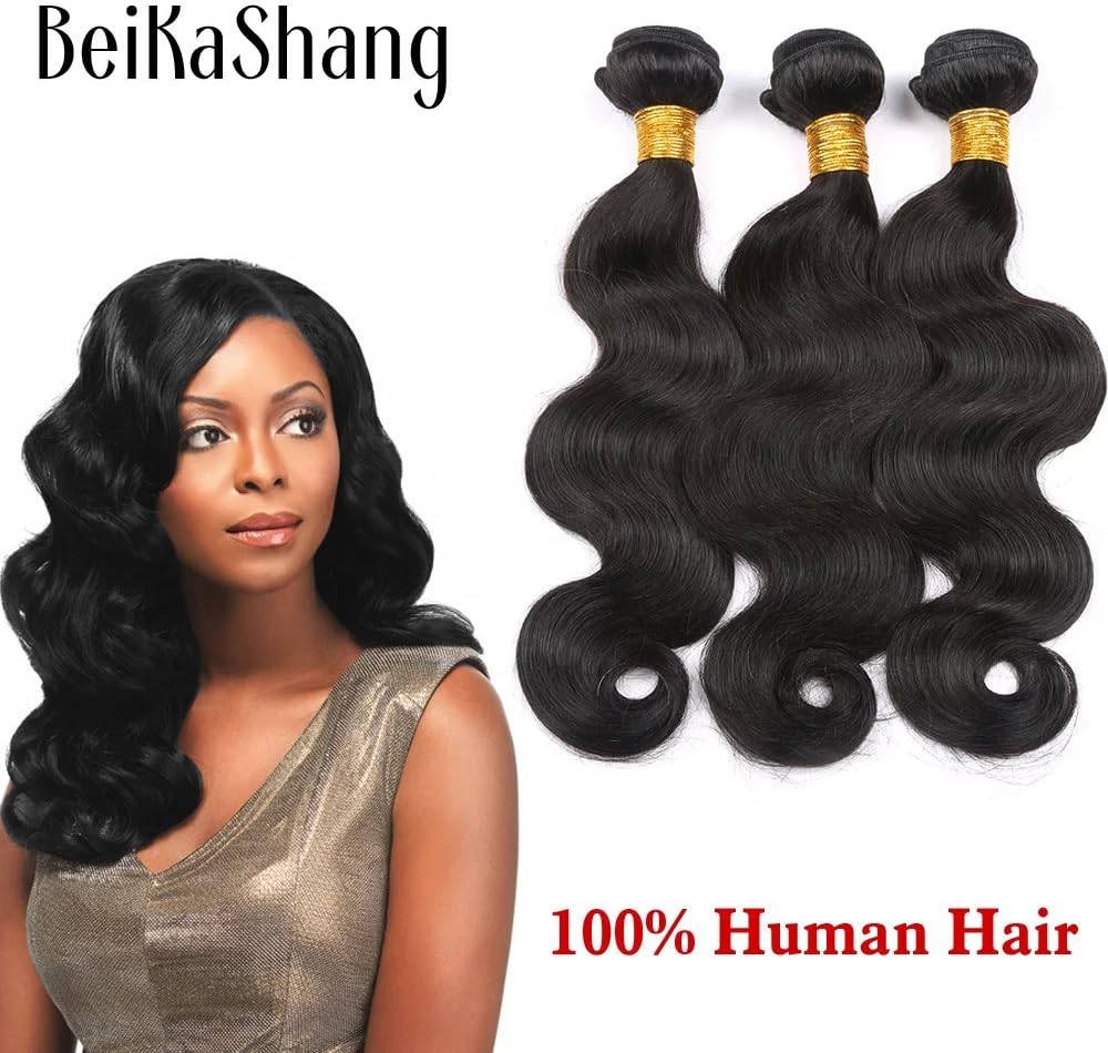 BeiKaShang Grade 6A Unprocessed Peruvian Virgin Hair Body Wave 3 Bundles Human Hair Extensions Weaves Mixed Length (Multiple Choices) 1b Color 12"14"16