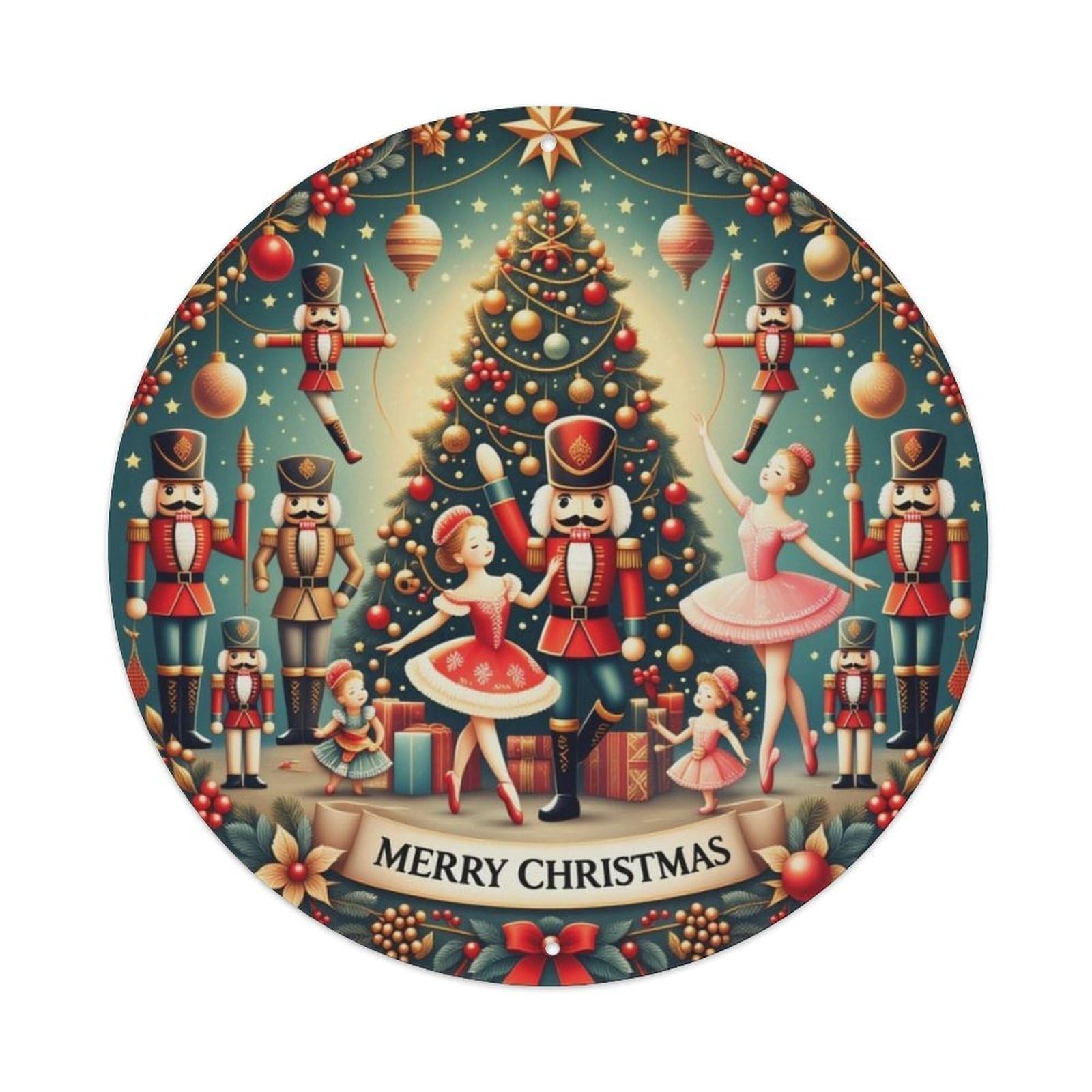 Nutcracker Christmas Tree Ballerina Merry Christmas Round Tin Sign Vintage Aluminium Metal Sign, Retro Wall Decor for Home, Bar, Garage & Farmhouse 20x20cm