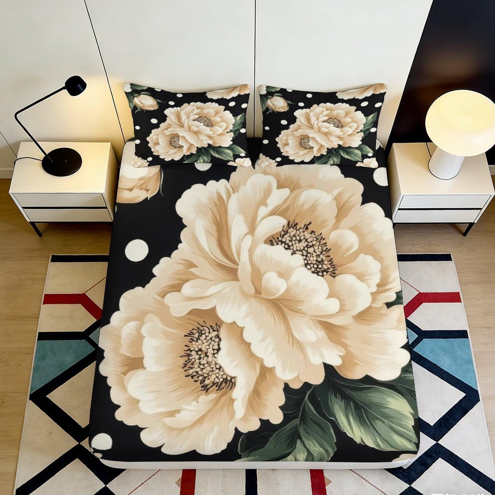3D Printed Peony Fitted Sheet Microfiber Deep Pocket Non-Slip Bedroom Bedding Peony Mattress Fitted Cover Washable 120x200x25cm