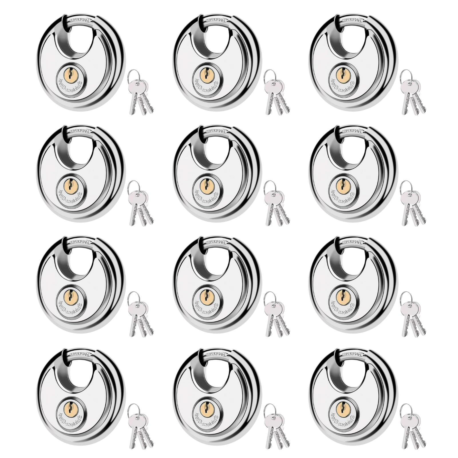 70 mm Diskus-Vorhängeschloss mit 3 Messing-Schlüsseln, 12 Stück, 304 Edelstahl, pickresistent, wasserdichtes Vorhängeschloss.