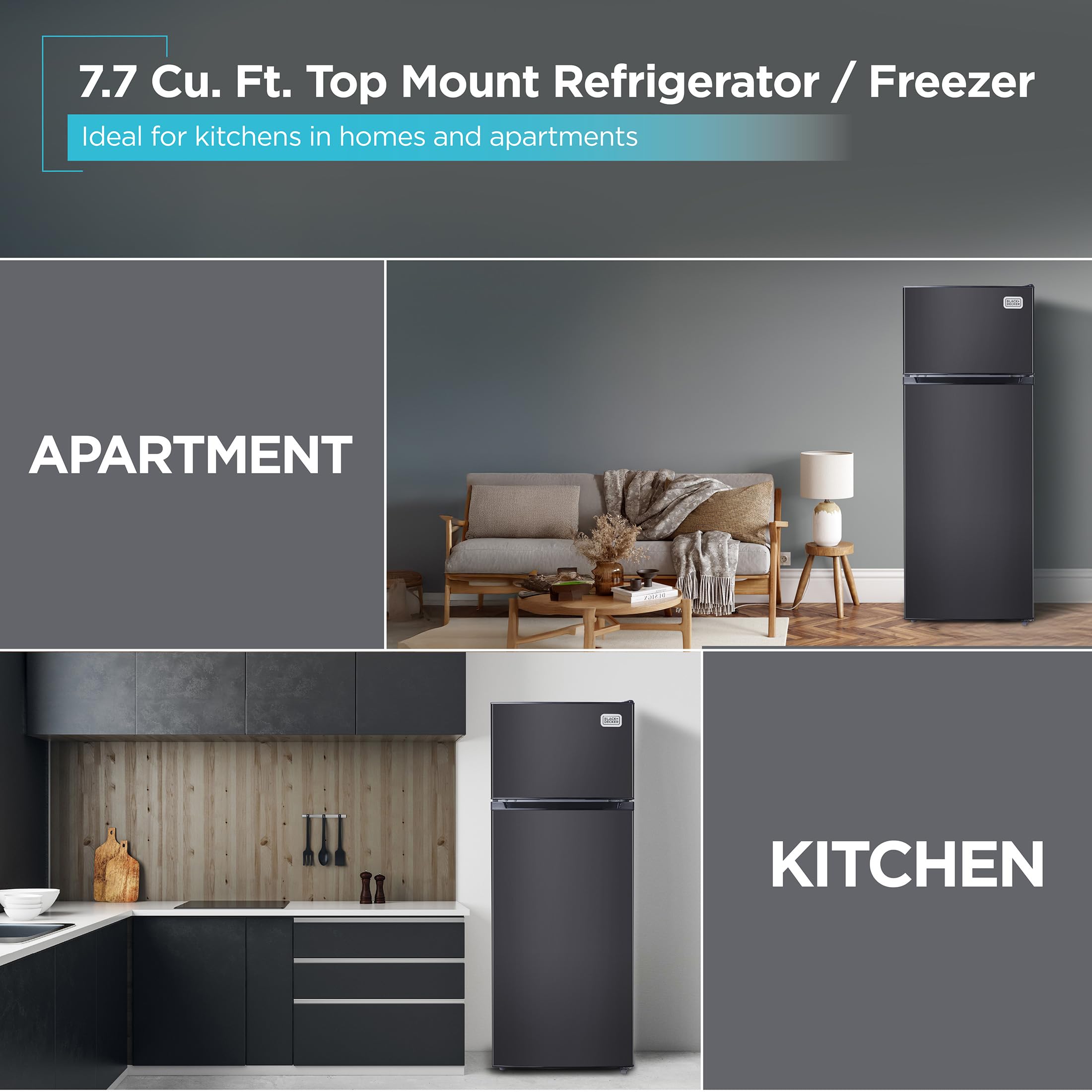 BLACK+DECKER 7.7 Cu. Ft. Top Mount Refrigerator with Freezer, 2 Door Fridge with Top Freezer and Mechanical Temperature Control, For Homes and Apartments, BDA77LAB, Black on Fridge.com