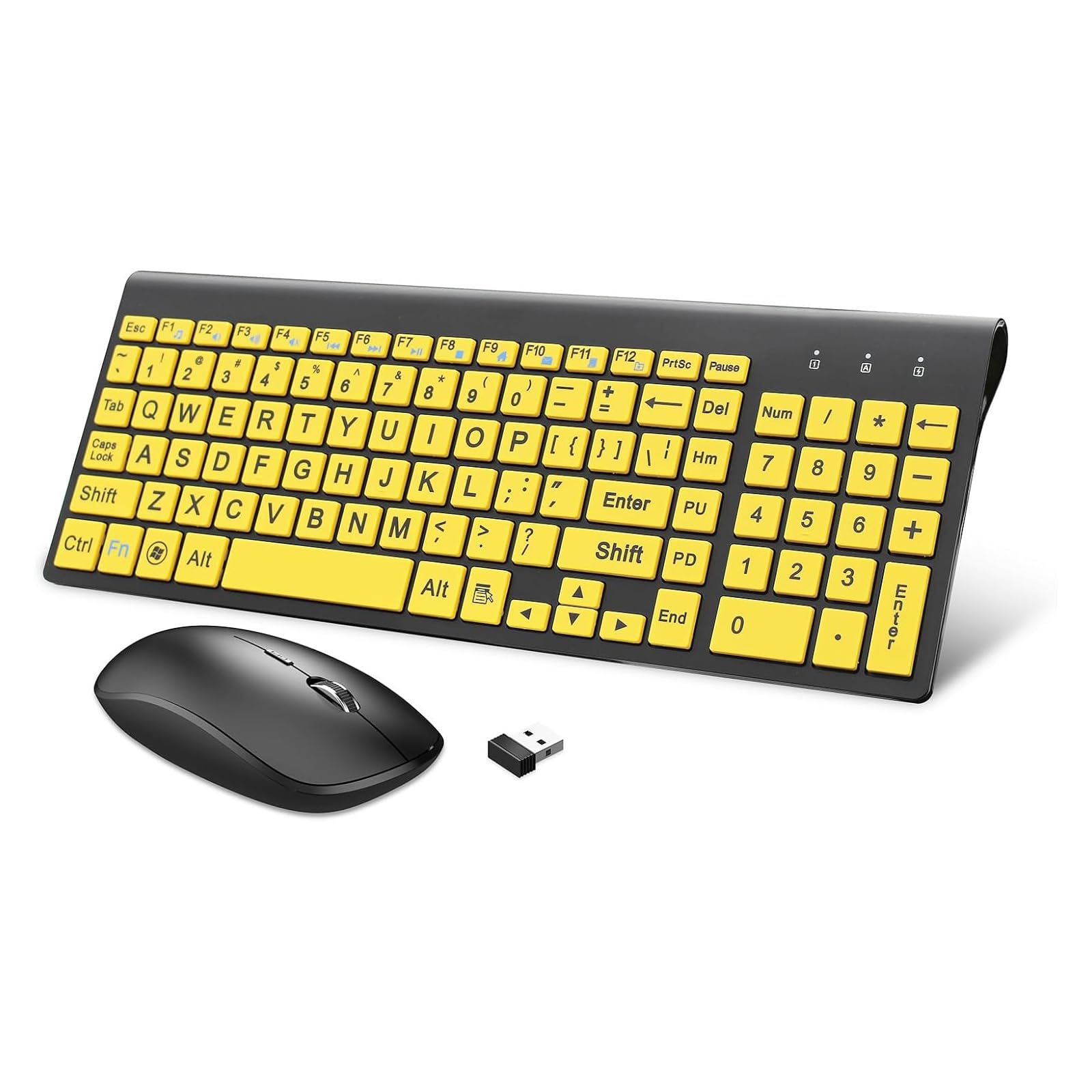 Kabellose Tastatur und Maus mit großen Buchstaben (Italienisch-Layout)| Leise | für Senioren und Menschen mit Sehproblemen und Sehstörungen-Gelb