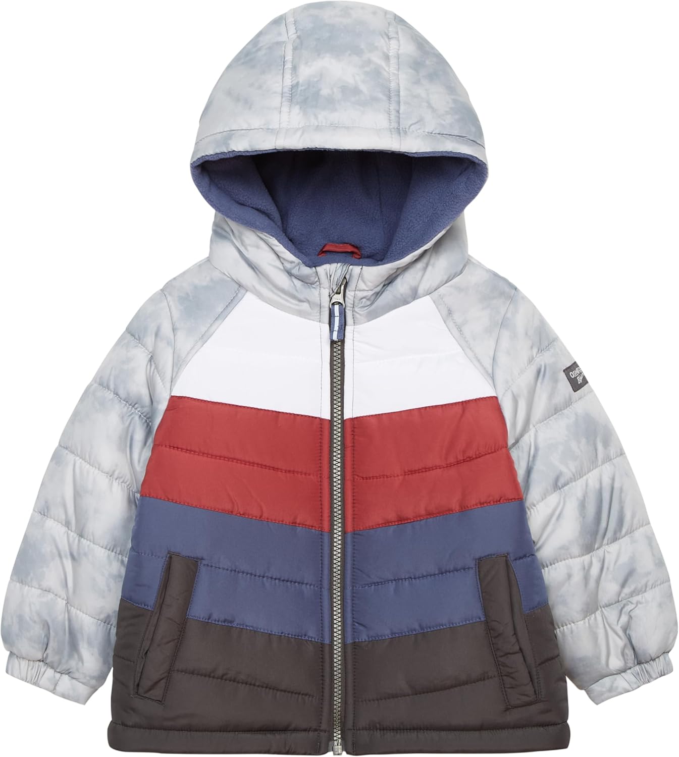 OSHKOSH B’GOSH Toddler Little Boys’ Heavyweight Colorblock Puffer Coat, Grey Marble/White Red Blue, 3T