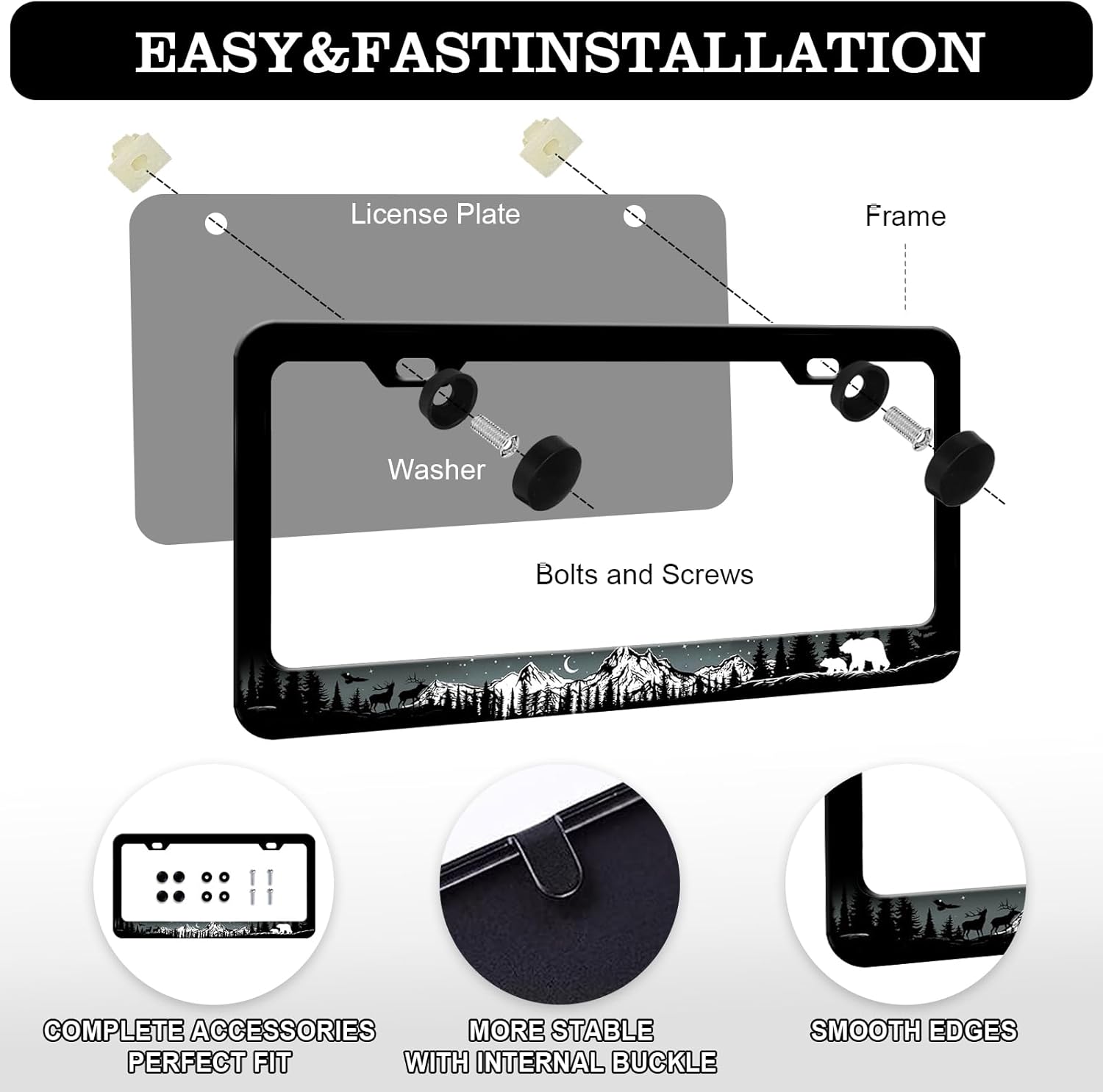 Mountains Bear Moose Eagle License Plate Frame - 2 PCS Night Forest Trees Wild Animal Aluminum Metal License Plate Frames Holder Covers, Car Decorative Tag Frames for Standard US 12x6 Inch - Image 3
