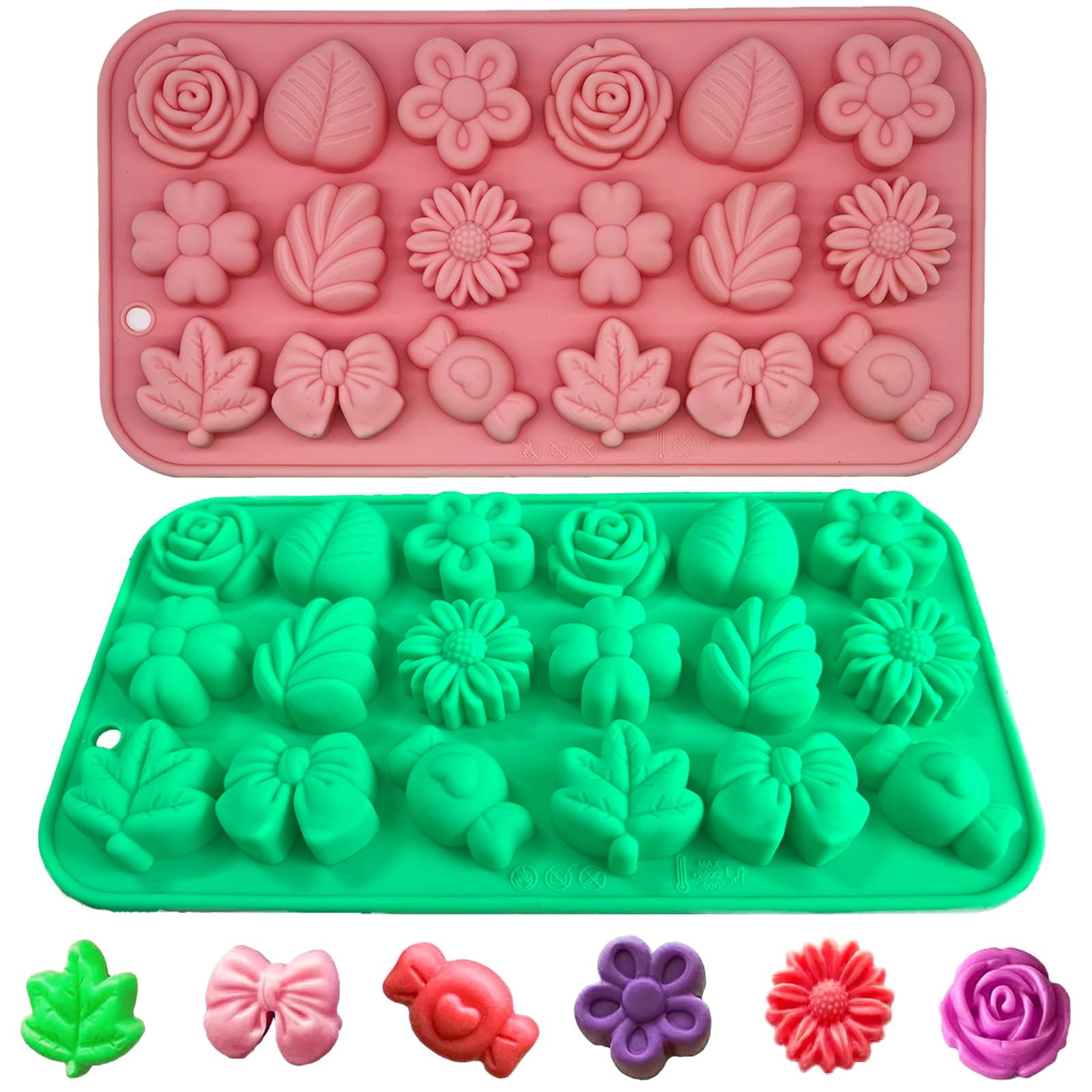 Gummy Candy Molds - 2Pcs Silicone Gummy Daisy Flower/Tulip Flower/Bow Tie/Leaf Candy Mold for Kids, Non-stick and Bpa Free for Candy Chocolate Gummy Jello Baking Soap Pudding Cookie Desserts Making
