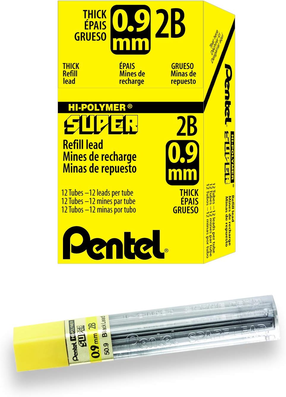 Pentel Super Hi-Polymer Lead Refill, 0.9mm Thick, 2B, 180 Pieces of Lead (50-9-2B),Gray