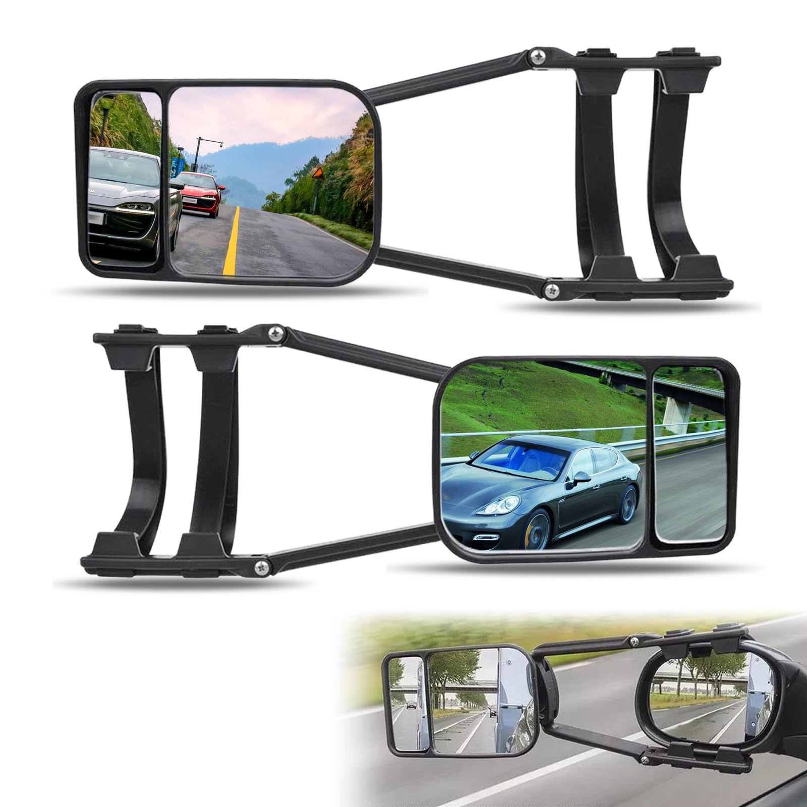 2 PCS Traction Car Rear View Mirror, 360 Degree Rotation Towing Mirror, Adjustable Dual View, Universal Tow Mirrors, for Car Truck (Black)