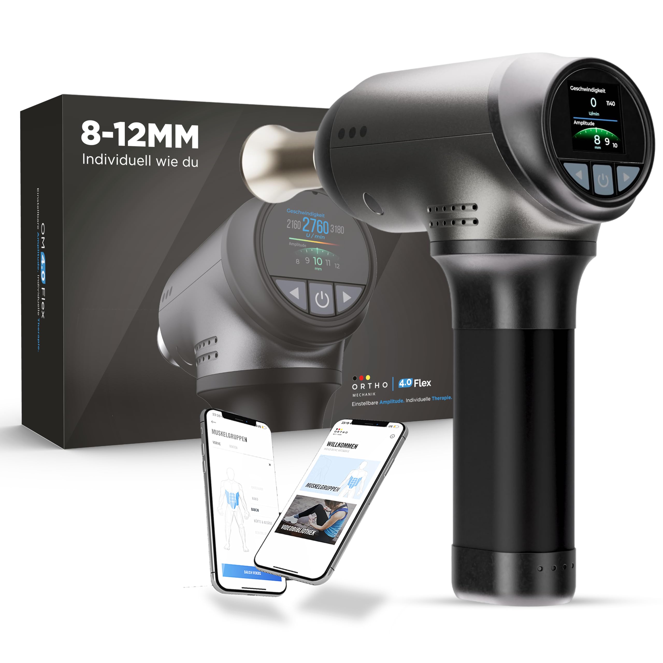 OrthoMechanik® 4.0 Flex | OrthoGun | Variable Amplitude (8–12 mm) & interaktive App mit Video-Anleitungen | 8 Aufsätze | 4000 mAh Akku