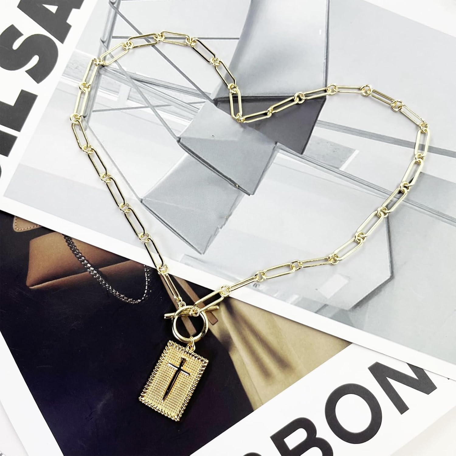 Chunky Cross Paperclip Necklace for Women Gold Silver Cross Toggle Clasp Necklace Trendy Statement Rectangle Necklace Religious Jewelry Gift for Christian Faith - Image 5