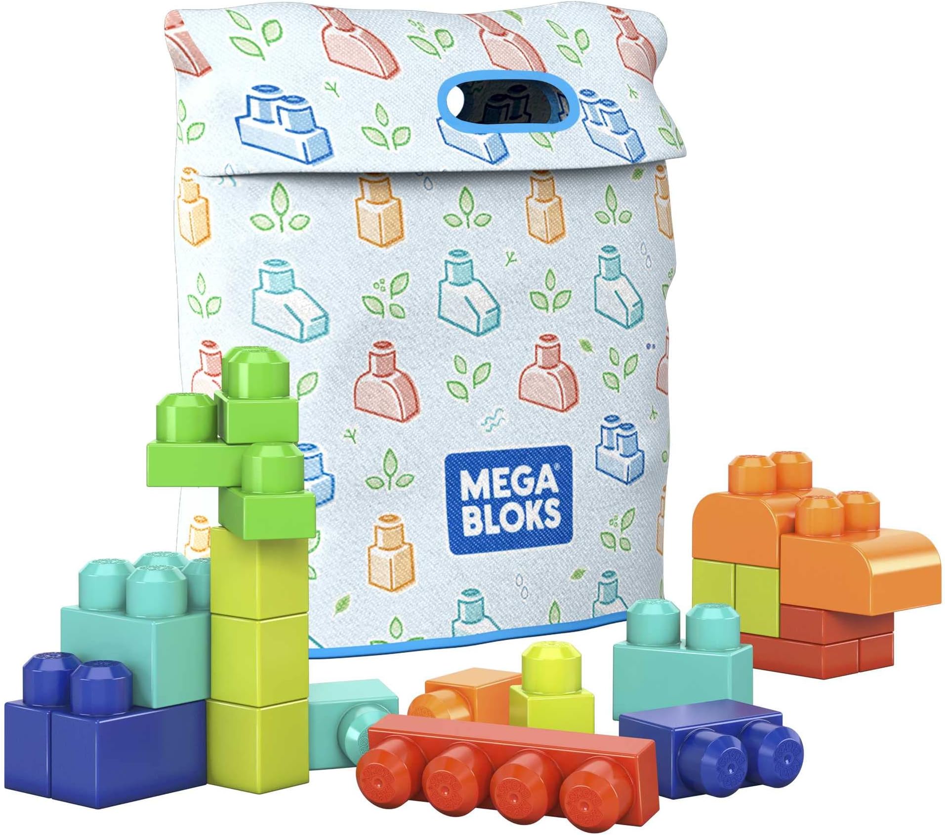 MEGA Bloks Fisher-Price Toddler Blocks Toys Set, Build โn Play Bag with 60 Plant-Based Pieces and Storage, Blue, Ages 1+ Years