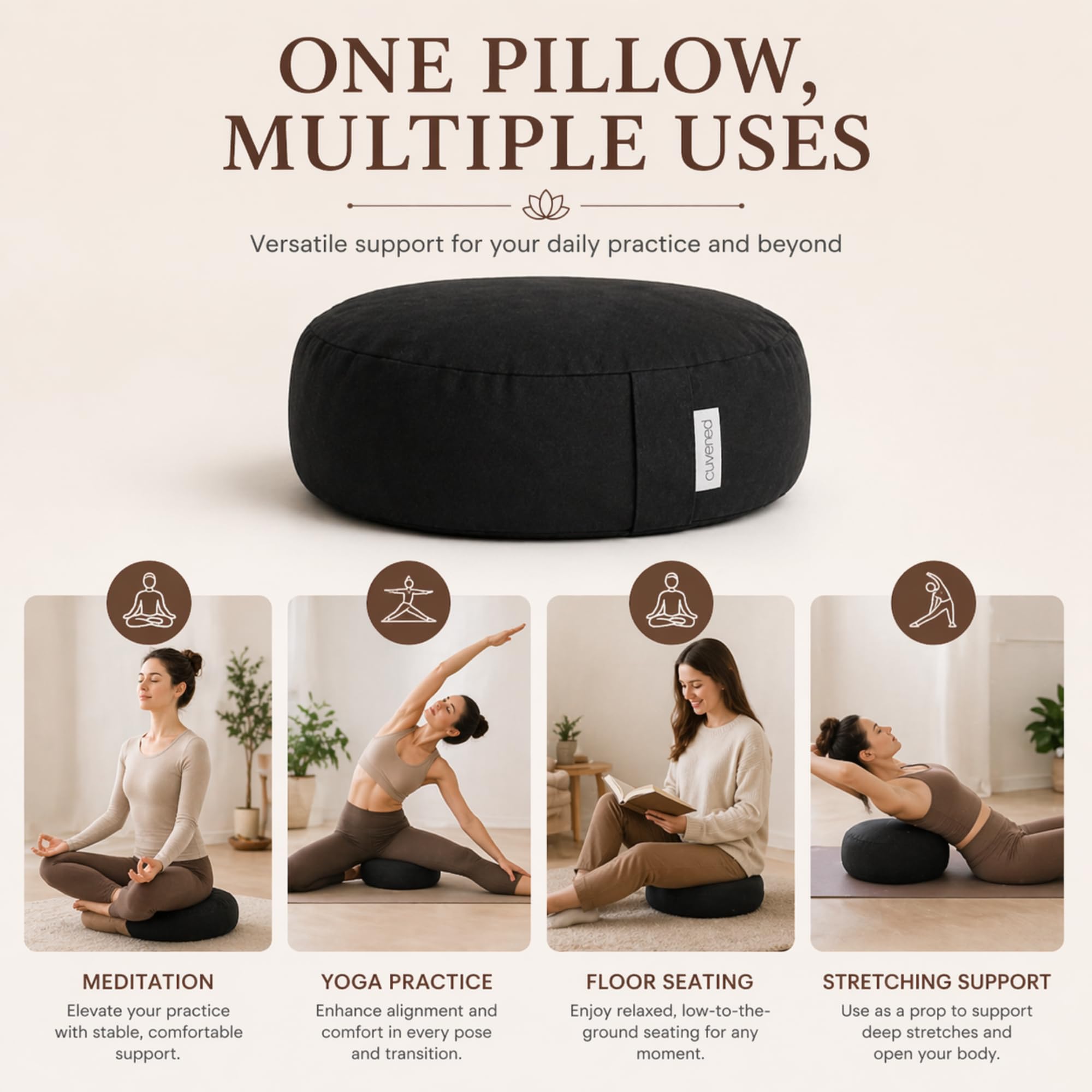 ANGORA BRANDS Cuvered - Cojín de meditación, almohada de suelo para meditación, cojín versátil, cojines elegantes, accesorios de meditación, almohada de meditación