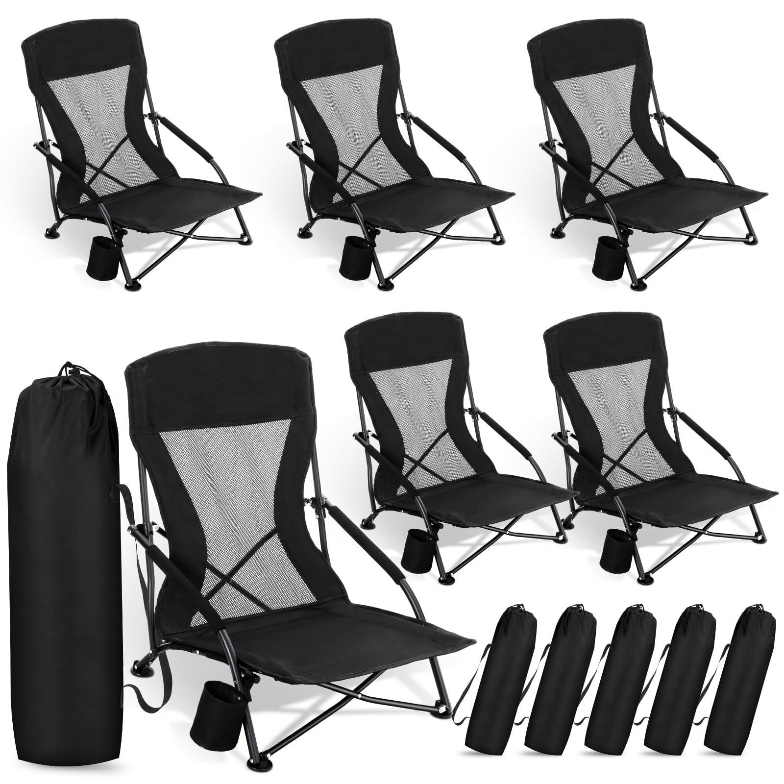 FillTouch Packs Low Beach Chairs Portable Folding Low Back Camping Chair  for Adults with Cup Holder Carry Bag Lightweight for Outdoor Sand Lawn