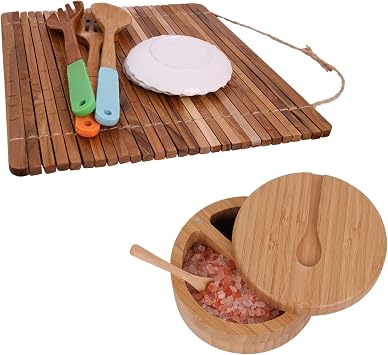 HTB Teak Over Sink Dish Drying Rack & Bamboo Salt and Pepper Bowls