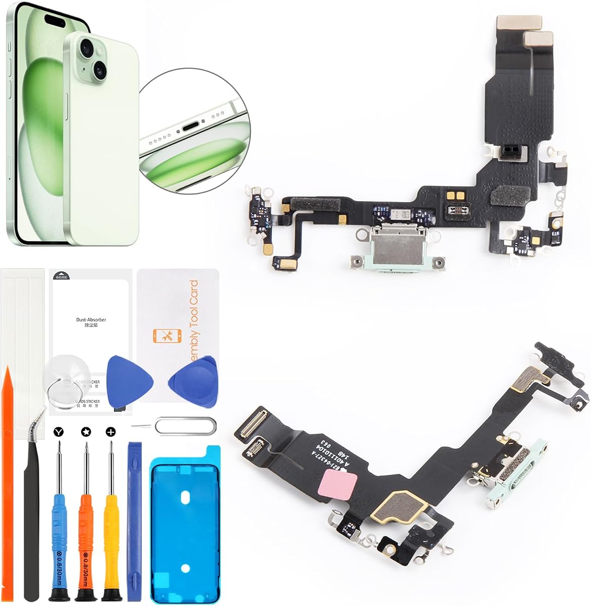 para iPhone 15 Reemplazo del puerto de carga (verde) Conjunto de cable flexible con conector de base USB Lightning original OEM que incluye cinta impermeable y kit de herramientas para A3090, A2846, A3089, A3092