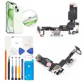 for iPhone 15 Charging Port Replacement Green OEM Original Lightning USB Dock Connector Flex Cable Assembly Includes Waterproof Tape & Tool Kit for A3090, A2846, A3089, A3092