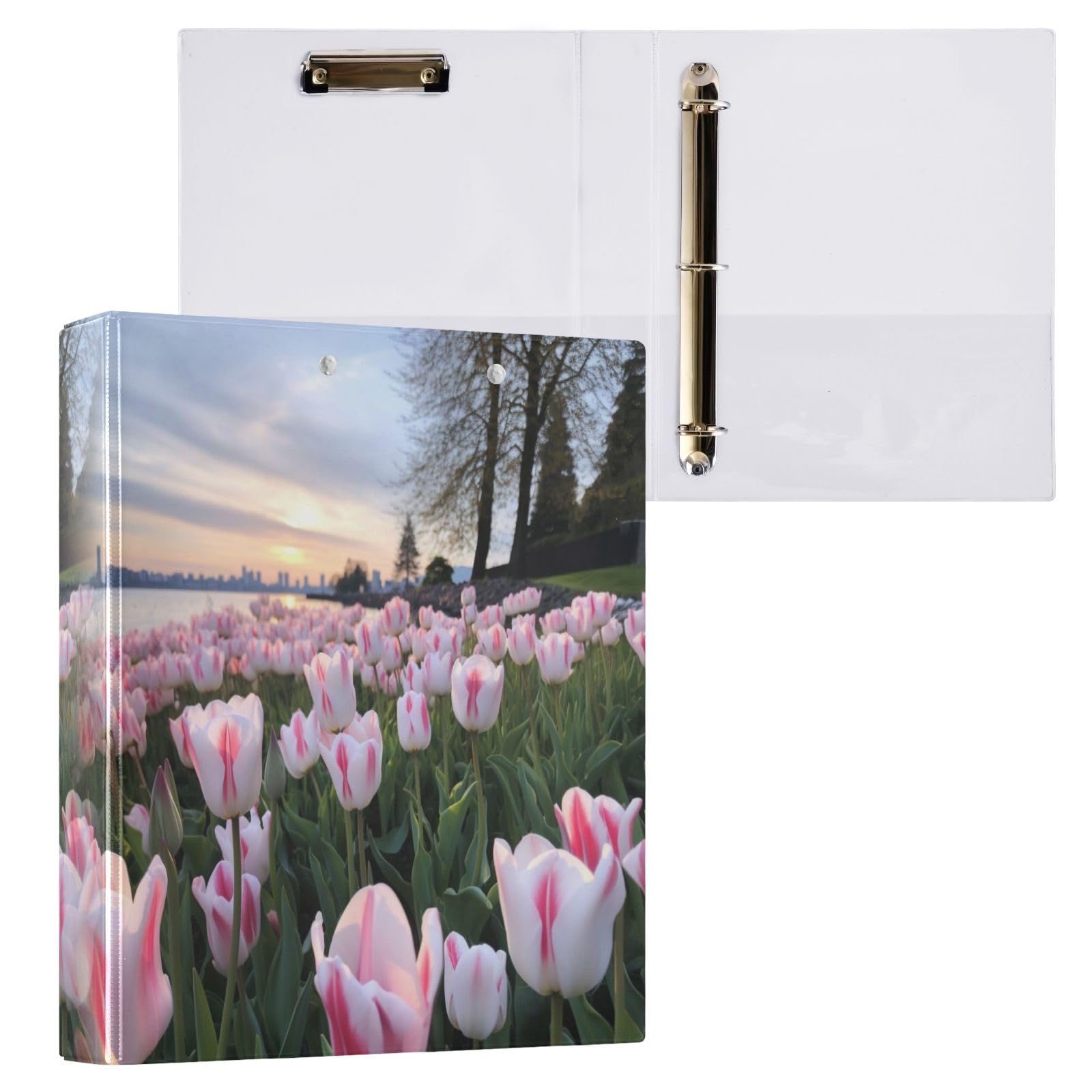 Raccoglitore a 3 anelli con molla a tulipani rosa, anelli rotondi da 3,8 cm, contiene 200 fogli, raccoglitori a 3 anelli con clip in metallo antiscivolo