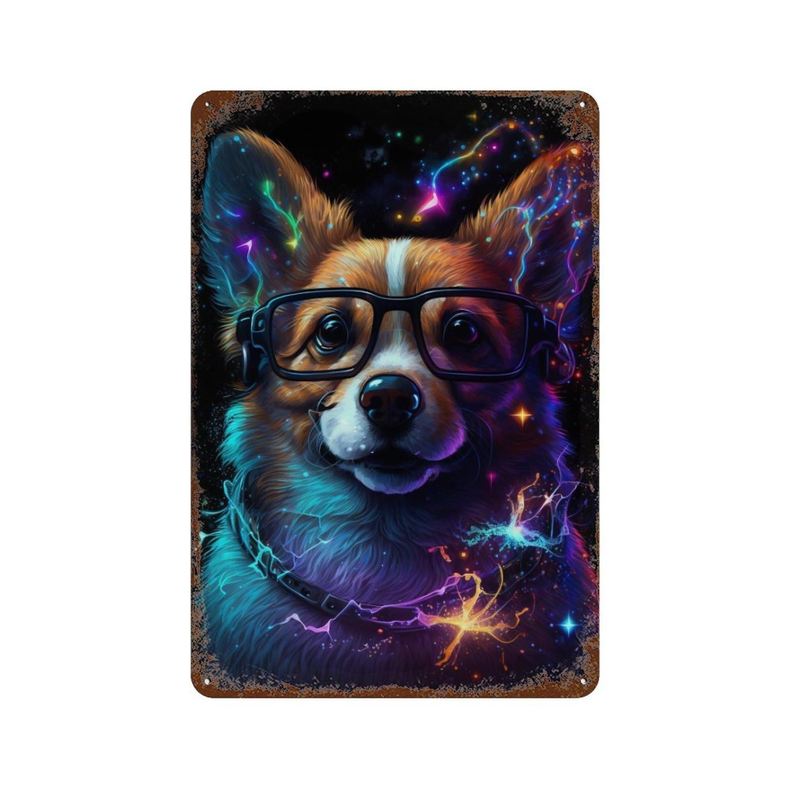 Neon Corgi Glasses Art Print -1 Distressed Metal Wall Sign 11.8"x7.9", Shabby Chic Decor for Garage, Pub Or Kitchen