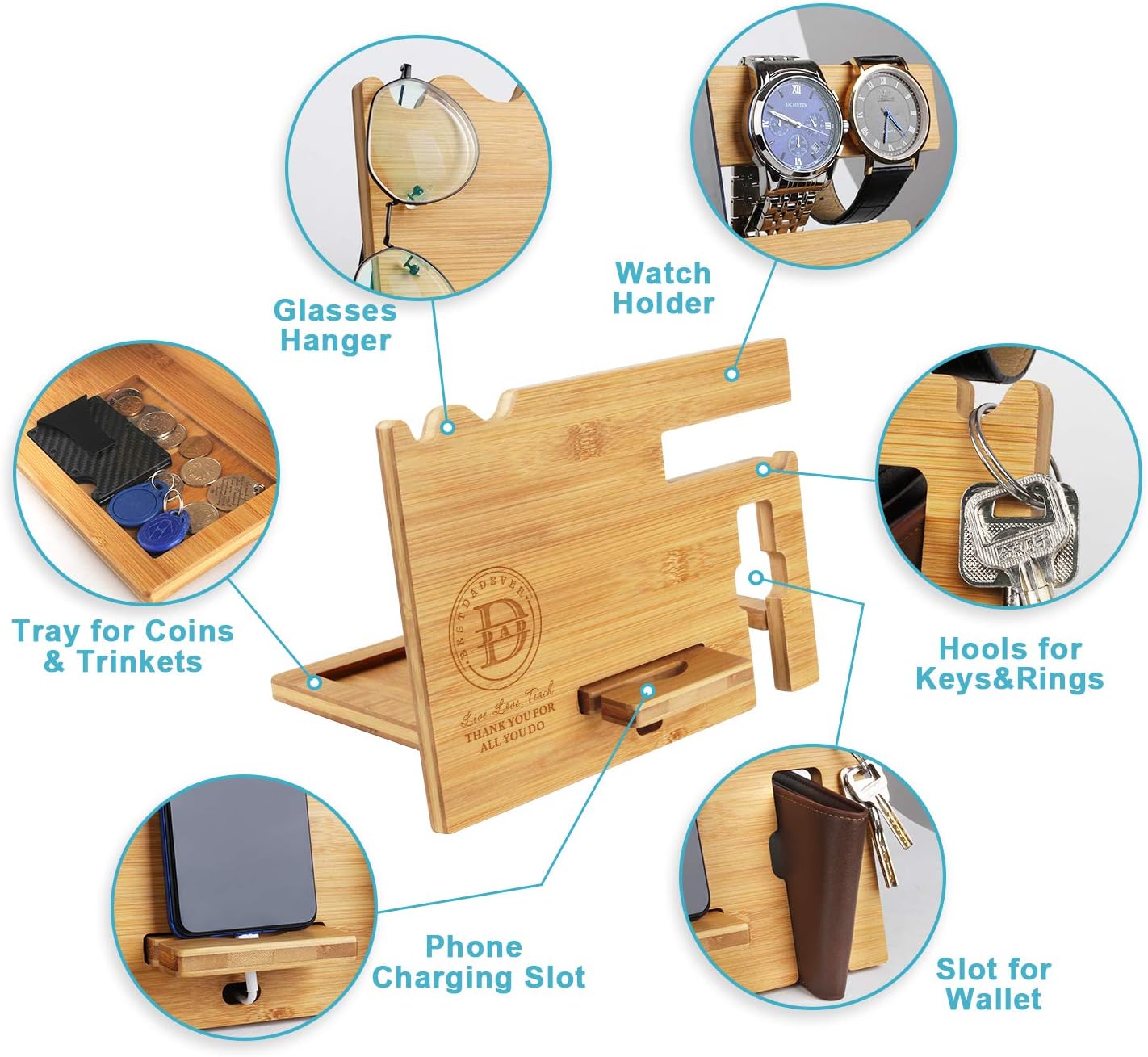 Wood Phone Docking Station For Dad - Engraved Nightstand Organizer With Phone Stand, Accessory Holder, Watch Stand - Personalized Gifts For Fathers Day, Birthday, Thanksgiving, Christmas