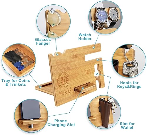 Miniatura 3 de awofer Estación de acoplamiento de madera para papá, organizador de mesita de noche grabada con soporte para teléfono, soporte para accesorios,