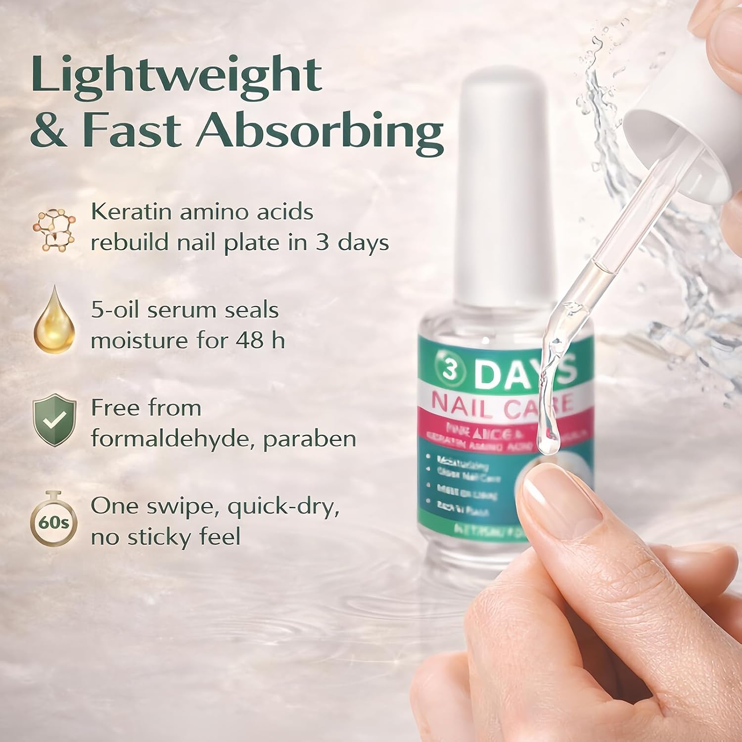 Nail Strengthening & Hydrating Oil, Clear Nail Care Solution for Dry and Weak Nails, Lightweight Daily Nail Care Polish, Natural Gloss Finish, 15ml