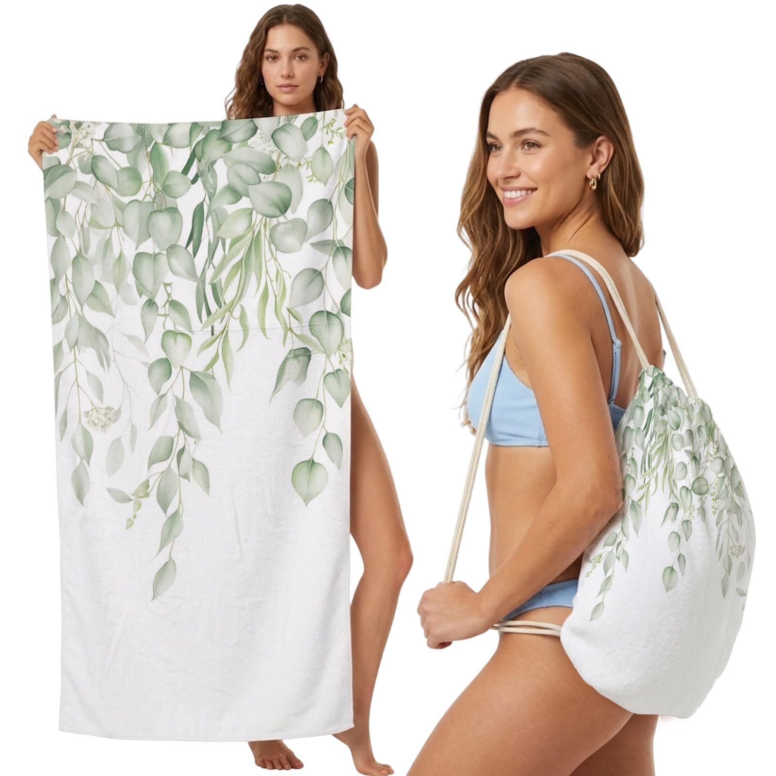 FWJZDSP Beach Towel Backpack, Watercolor Sage Green Eucalyptus Leaf 2-in-1 Foldable Soft Microfiber Quick Dry Beach Towel 31.5x63in Country Leaves Lightweight Pool Towels Bag for Travel, Yoga, Gym