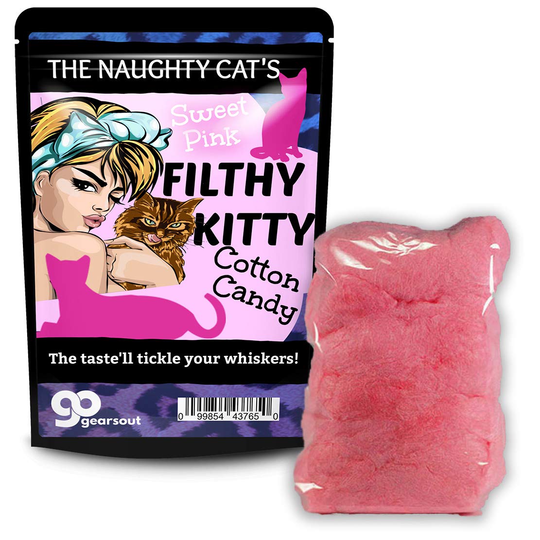 Gears Out Filthy Kitty Cotton Candy - Funny Pinup and Hungry cat Design - Novelty Candy for Women - Pink, Gluten-Free, Snack Size 2 oz