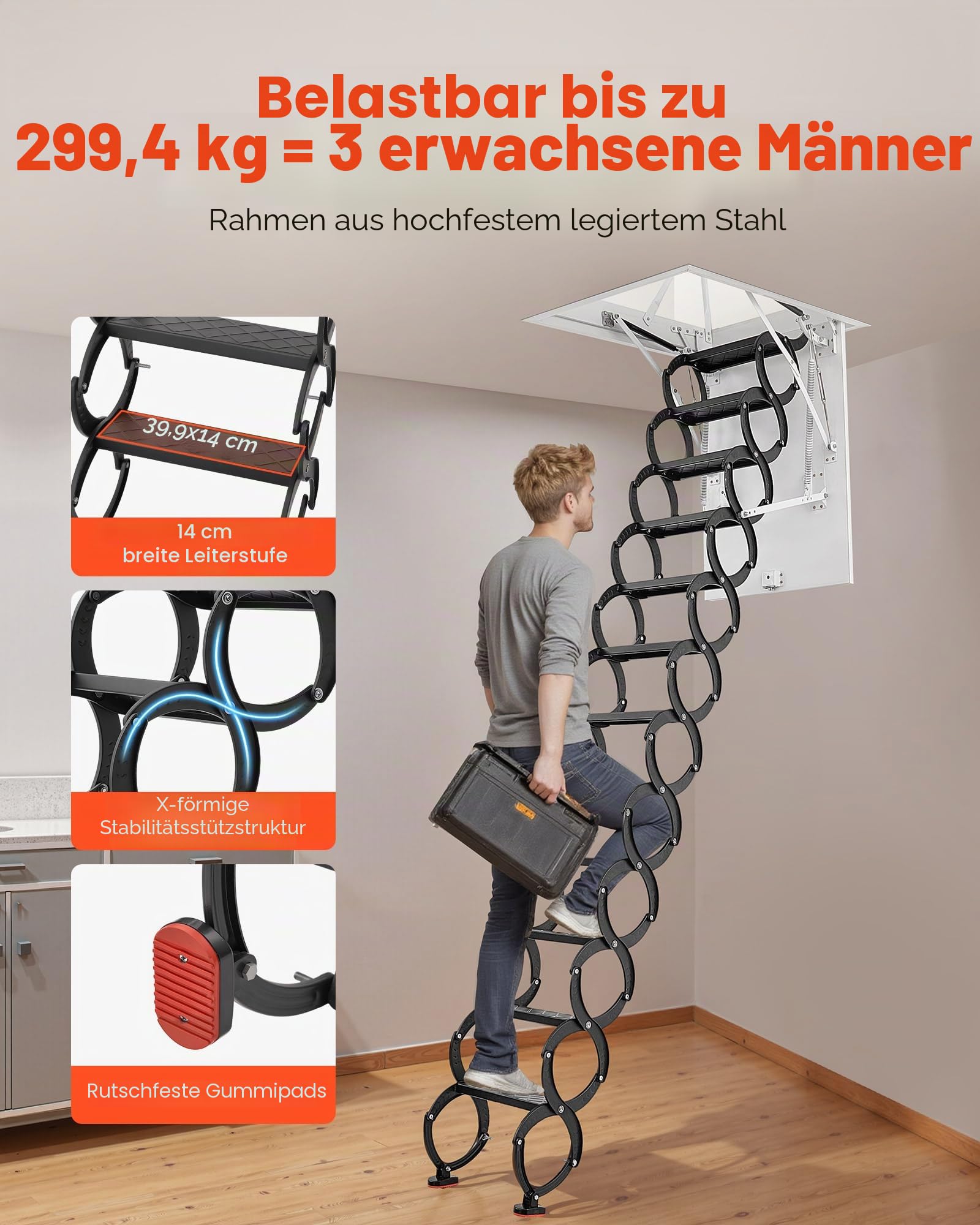 VEVOR Dachbodenleiter, Tragkraft 299,4 kg, passend für Deckenhöhen von 3,2-3,35 m und Öffnungsgröße von 1000,76x698,5 mm, ausziehbare Deckentreppe aus legiertem Stahl mit Zugstange für Dachboden