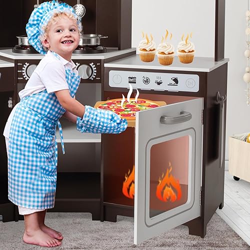 Miniatura 4 de JOYLDIAS Juegos de cocina para niños esquina de madera juguetes de cocina para niños pequeños con luces y sonidos realistas horno microondas