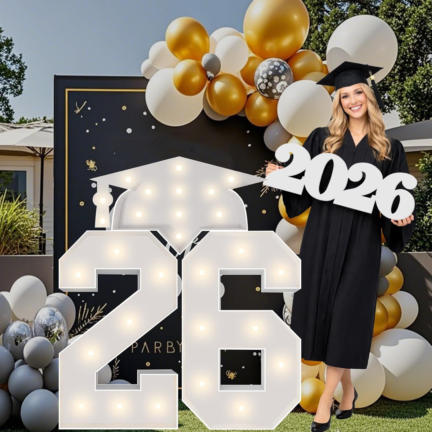Graduation Decoration of Class 2026, 3FT Marquee Numbers 26 Pre-Cut Foam Board Kit & Cap, & Foam Board 2026 Sign Photo Props for Kindergarten Preschool High School Graduation Party Decor