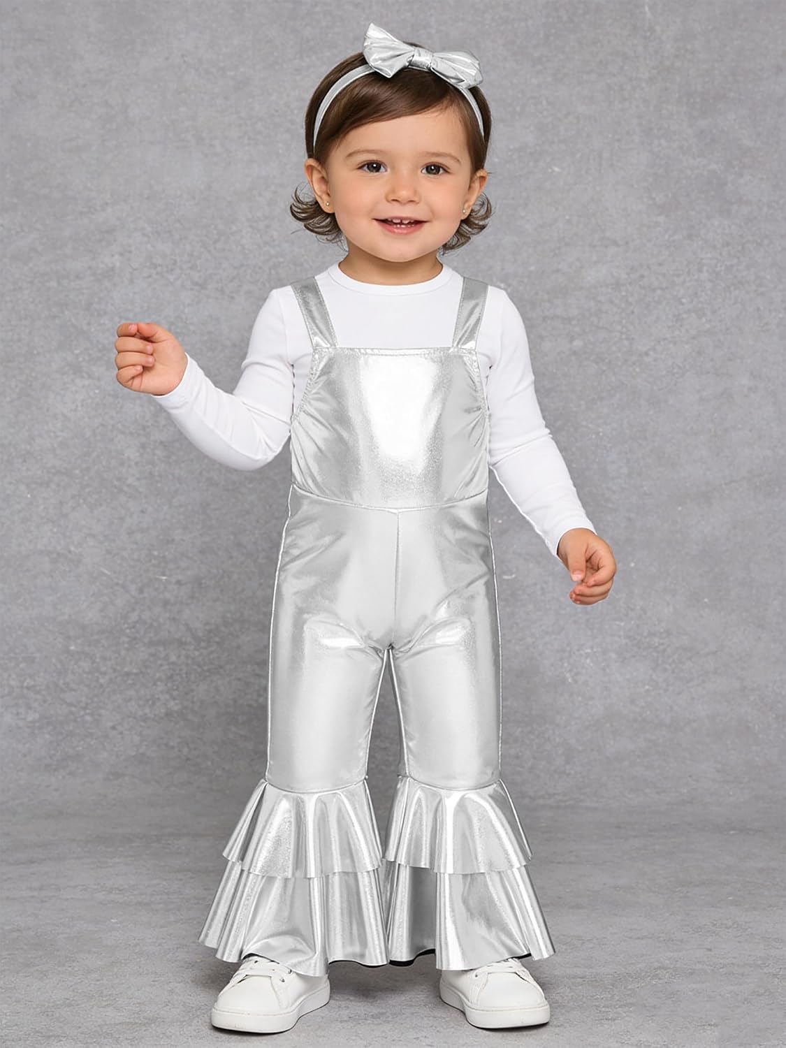 Baby Girls Shiny Metallic Bib Overalls Bell-Bottom Pants Coveralls Jumpsuit Festive Clothing Silver 3-4 Years
