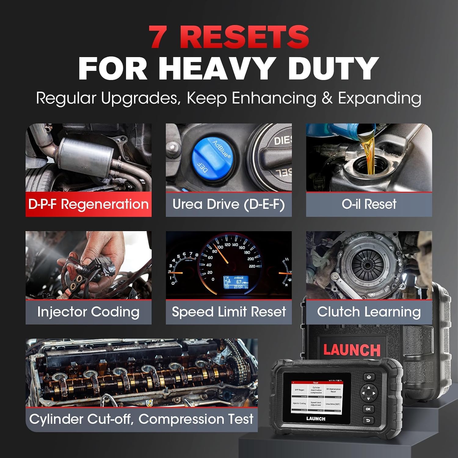 LAUNCH CRP129 HD - Herramienta de diagnóstico para camiones de alta resistencia, sistema completo de diagnóstico diésel con 7 reinicios, restablecimiento y restablecimiento de DPF, ajuste de límite de