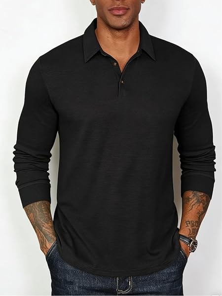 Camisa de golf de manga larga para hombre, absorbe la humedad, ajuste seco, rendimiento sólido, casual, piqué, polo de golf para hombre - 1