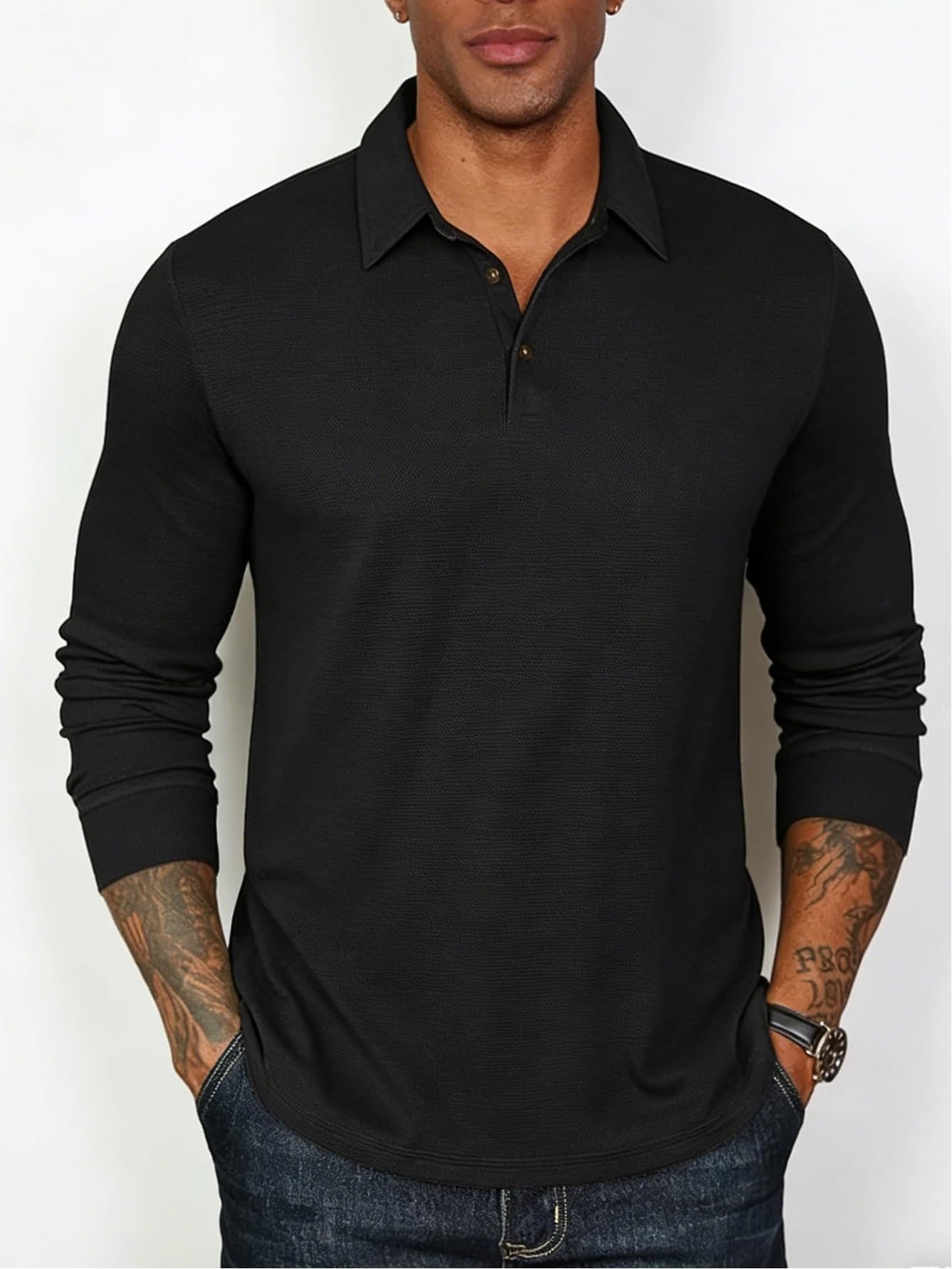 Camisa de golf de manga larga para hombre, absorbe la humedad, ajuste seco, rendimiento sólido, casual, piqué, polo de golf para hombre