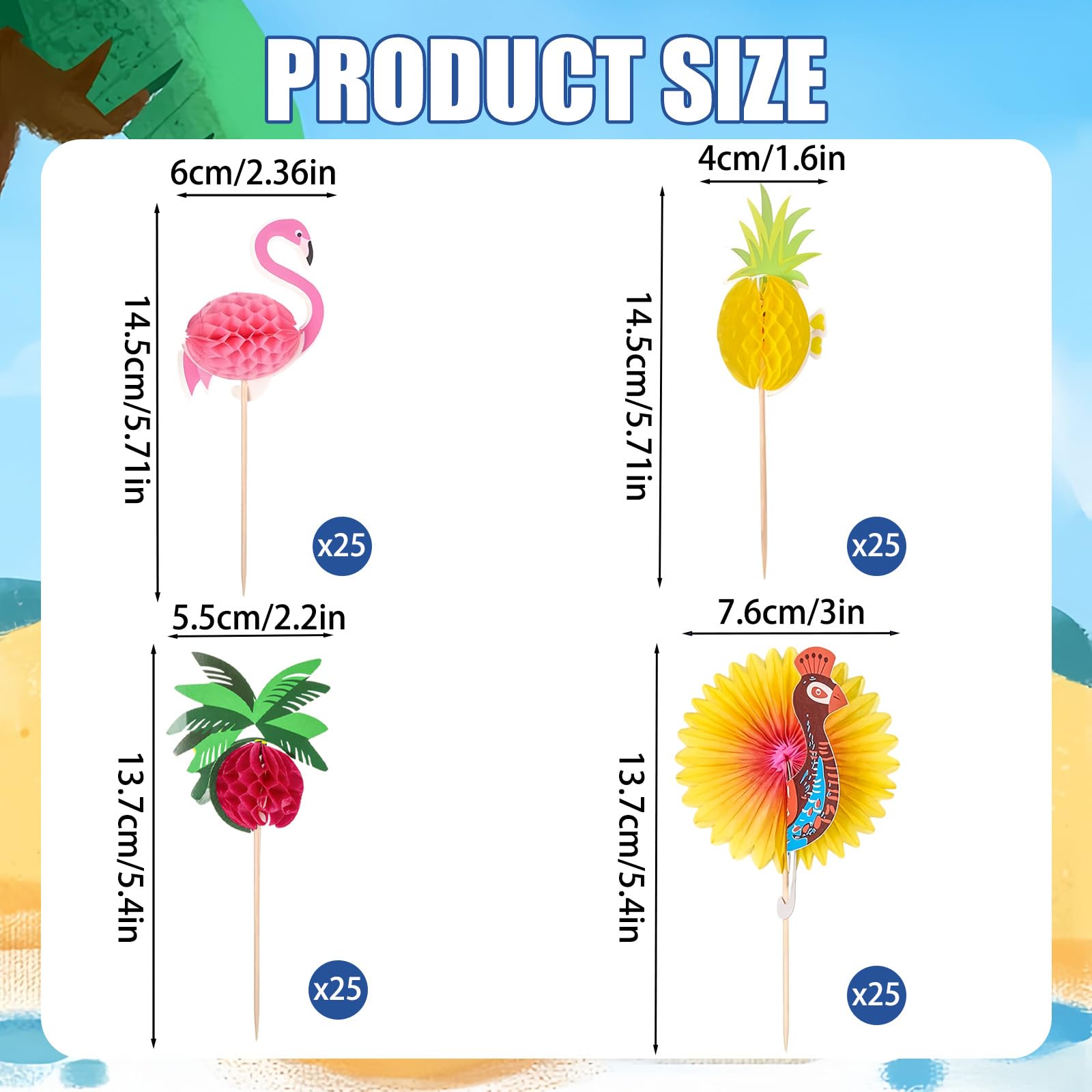 EKKONG 100 Pezzi Spiedini Cocktail in Legno, Decorazioni 3D Fenicottero Ananas Pavone Albero di Cocco, Spiedini Hawaiani per Feste Estive, Compleanni, Bar, Bevande, Torte, Cupcake (A)